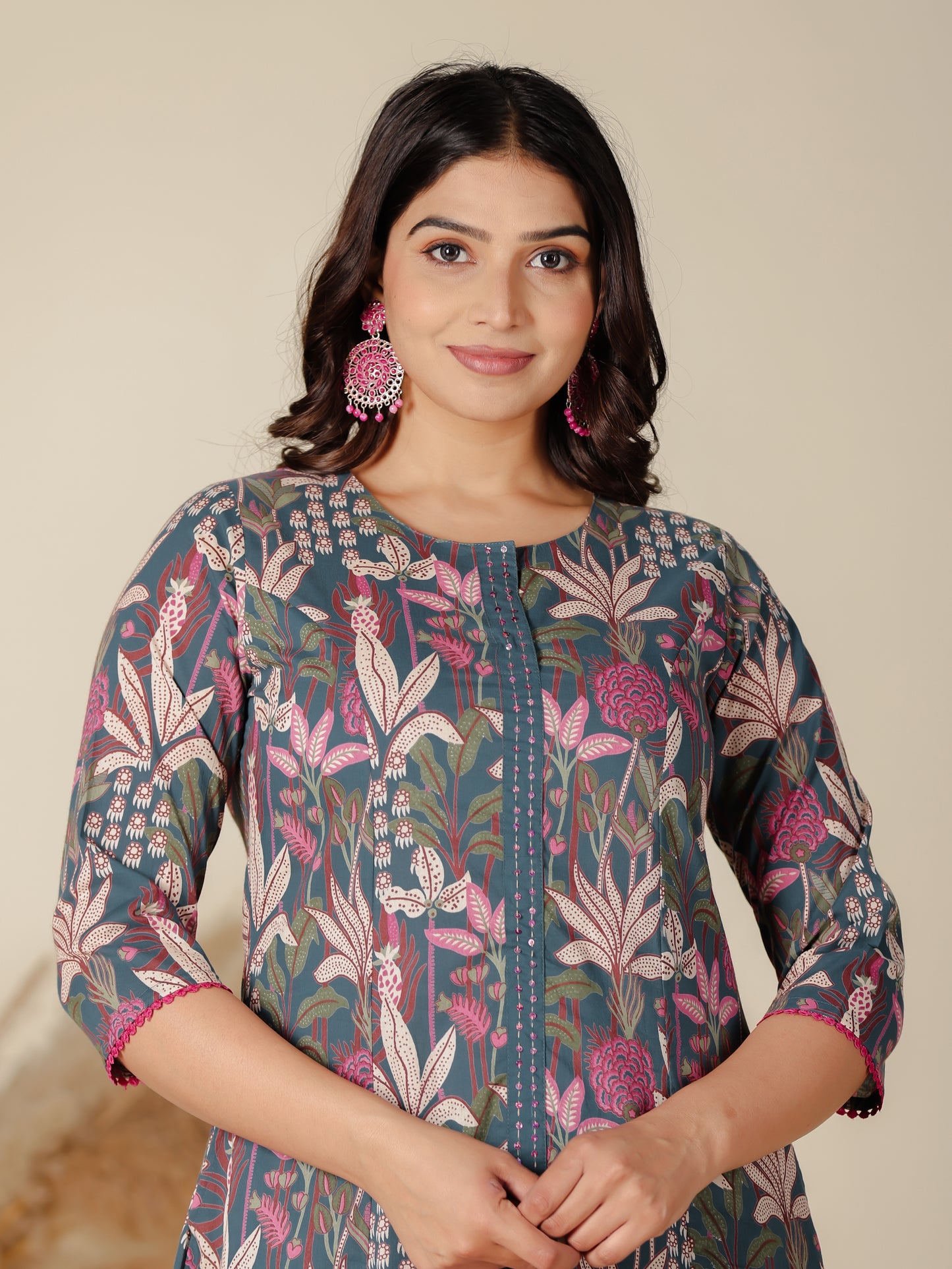 Embroidered Soft Cotton Foliage A-line Teal Kurta