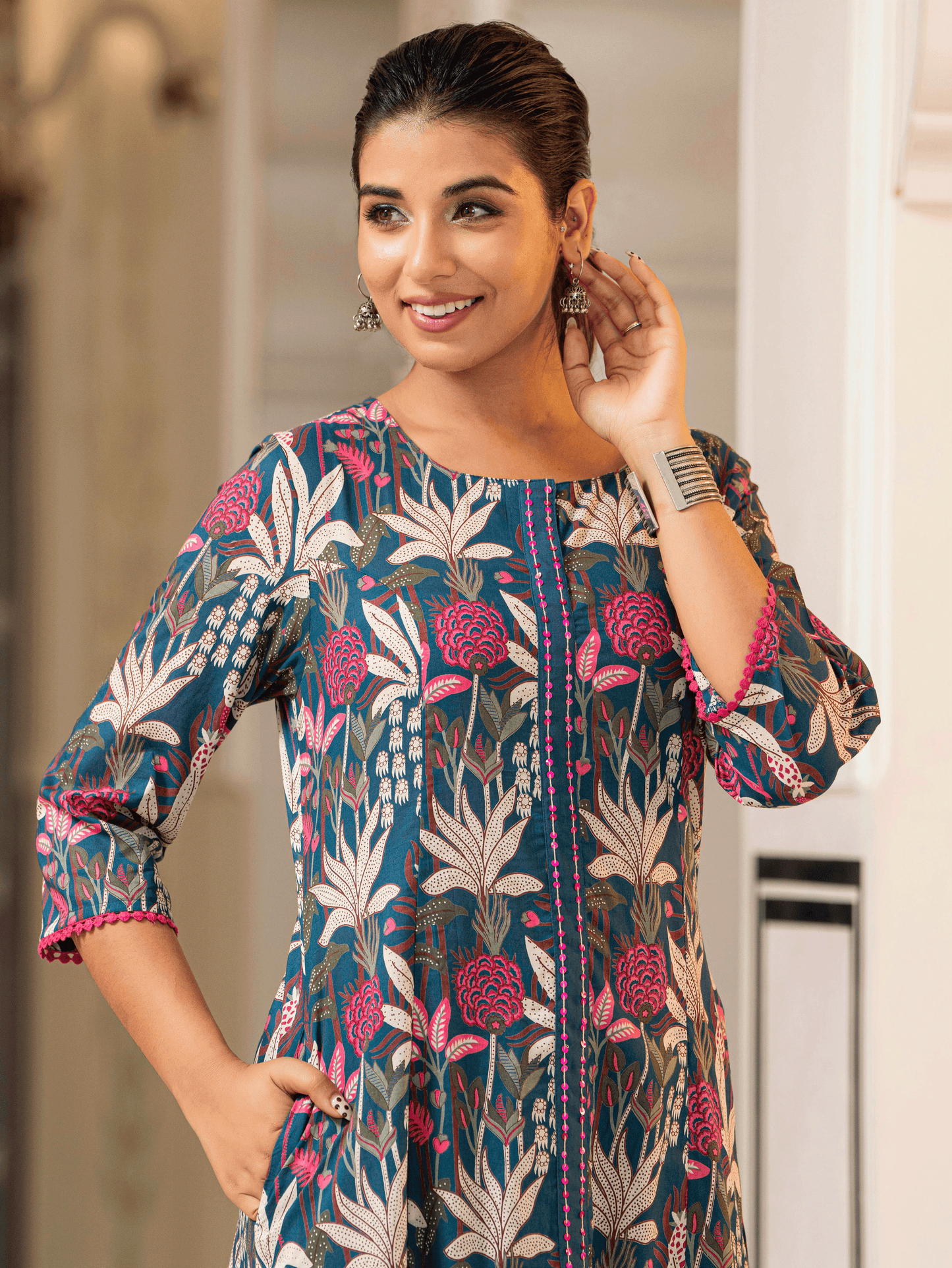 Embroidered Soft Cotton Foliage A-line Teal Kurta