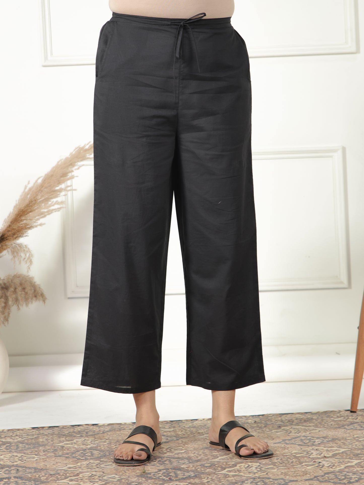 Soft Cotton Solid Black Straight Trousers