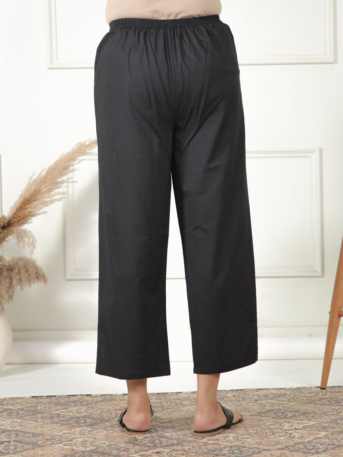 Soft Cotton Solid Black Straight Trousers