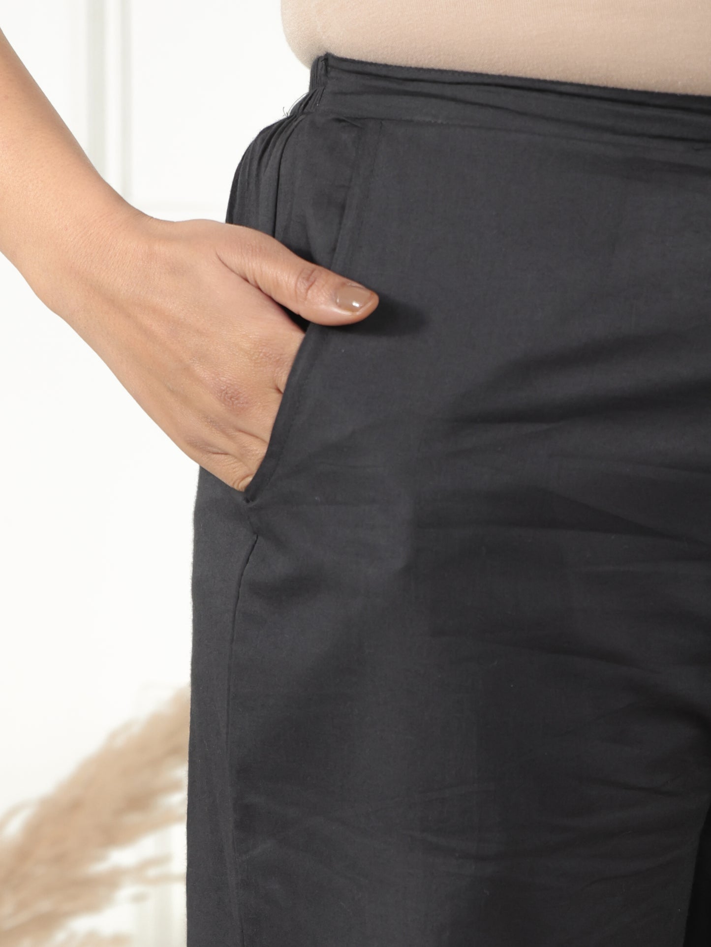 Soft Cotton Solid Black Straight Trousers