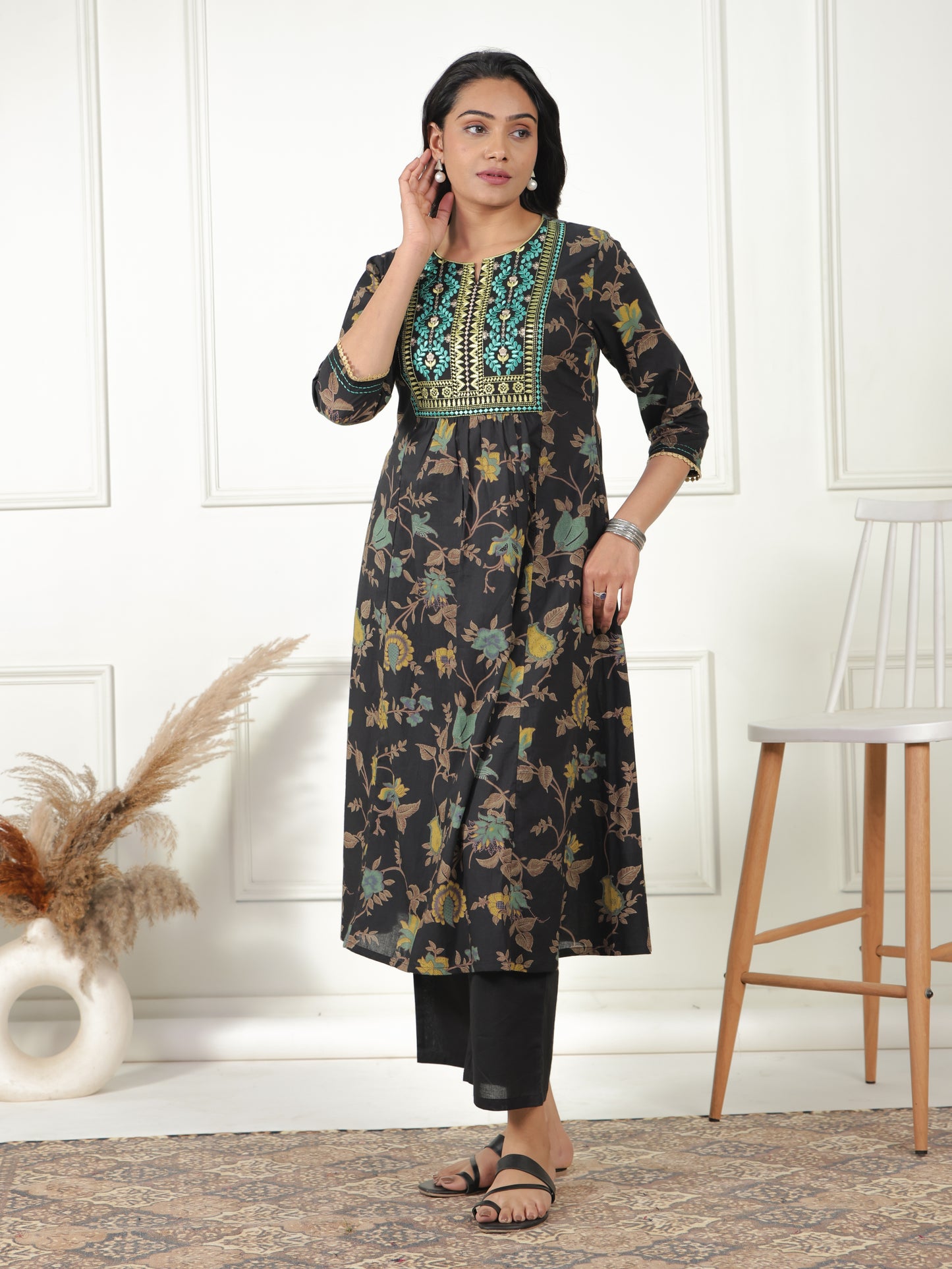 Embroidered Soft Cotton Floral Panelled Multicolor Kurta