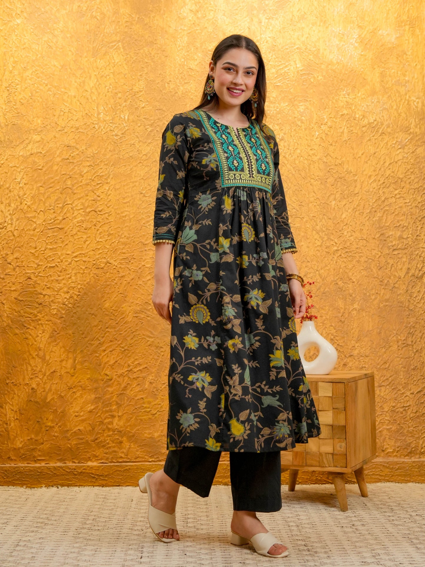 Embroidered Soft Cotton Floral Flared Multicolor Kurta
