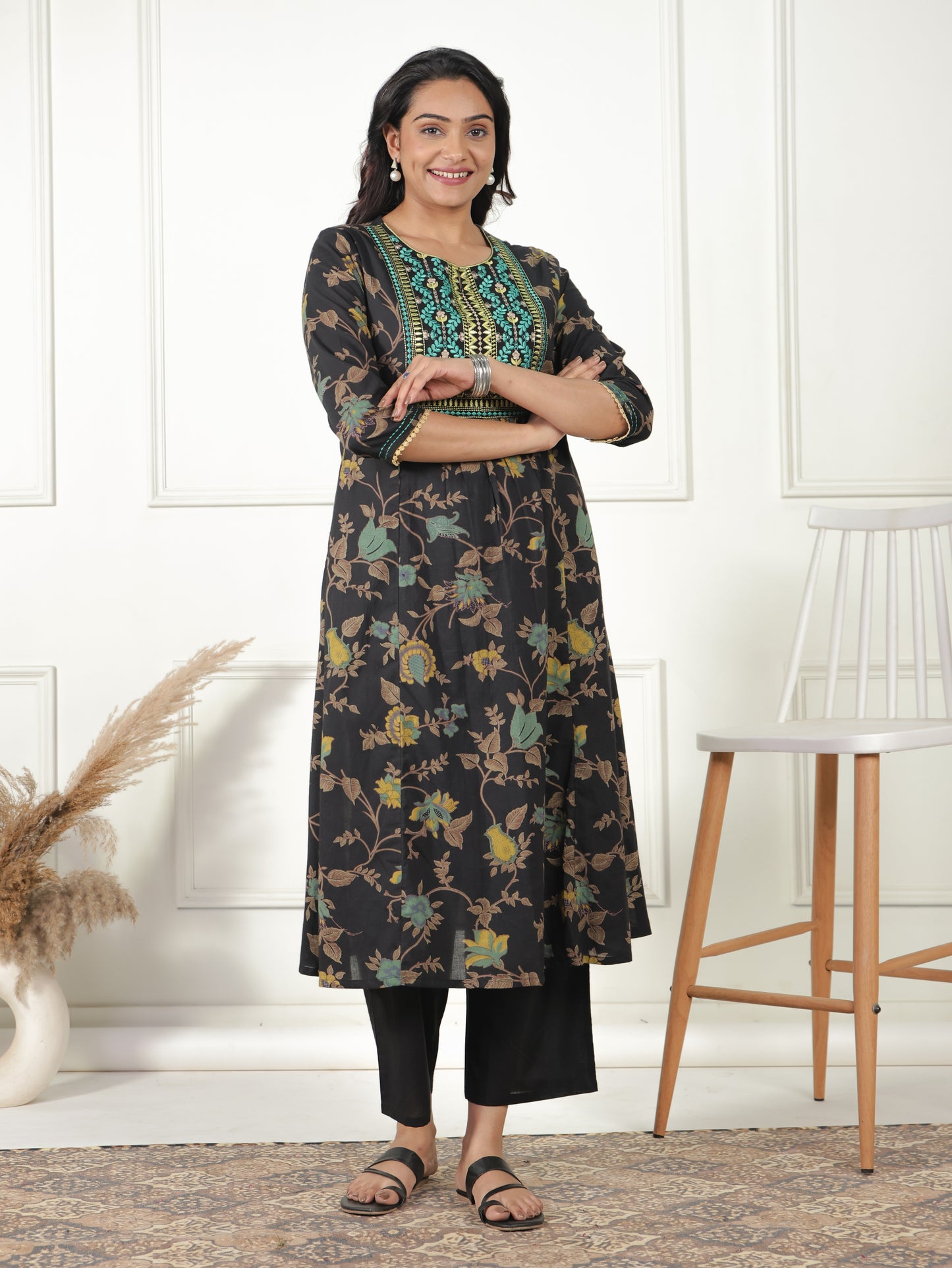 Embroidered Soft Cotton Floral Panelled Multicolor Kurta