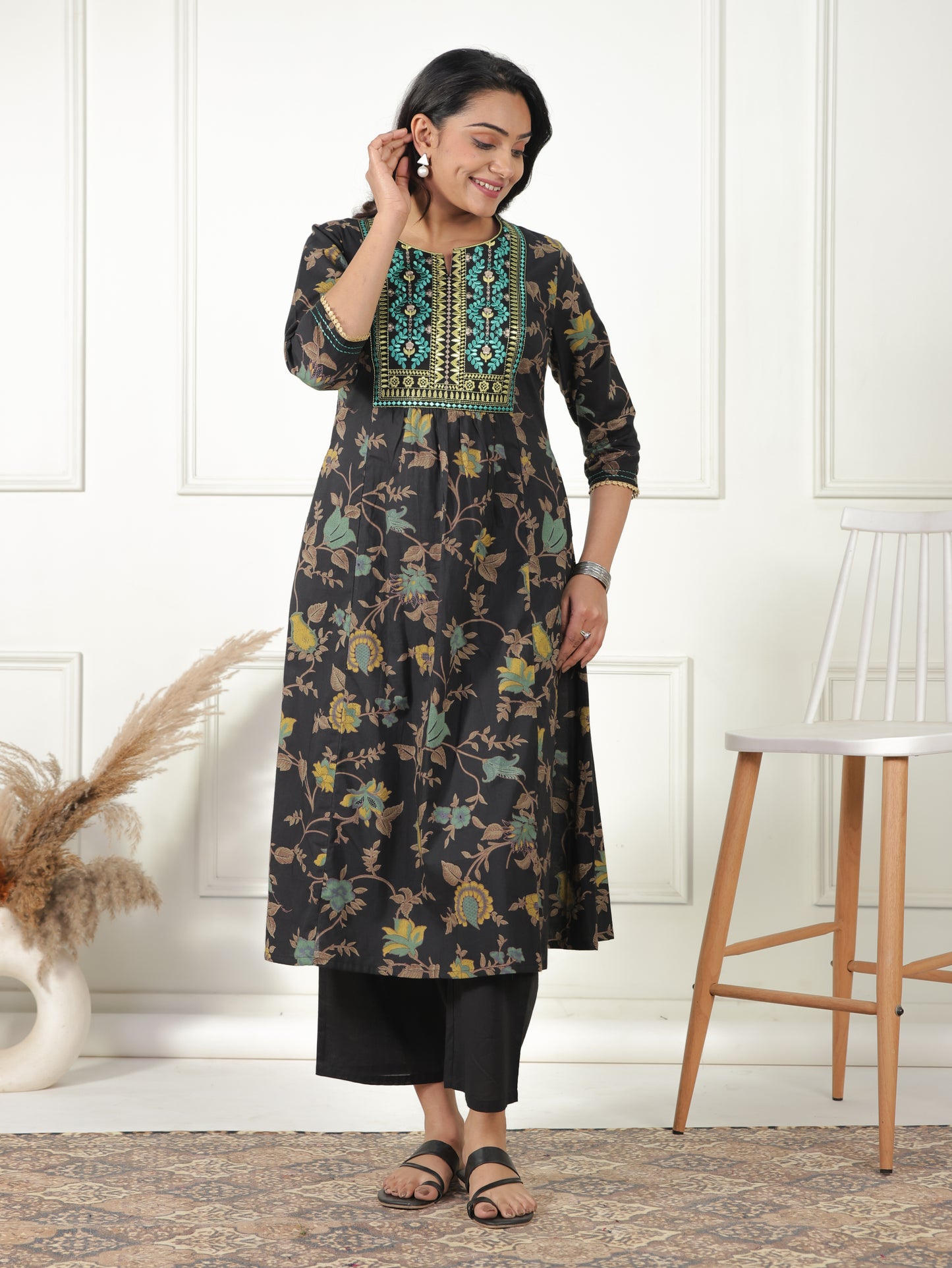 Embroidered Soft Cotton Floral Panelled Multicolor Kurta