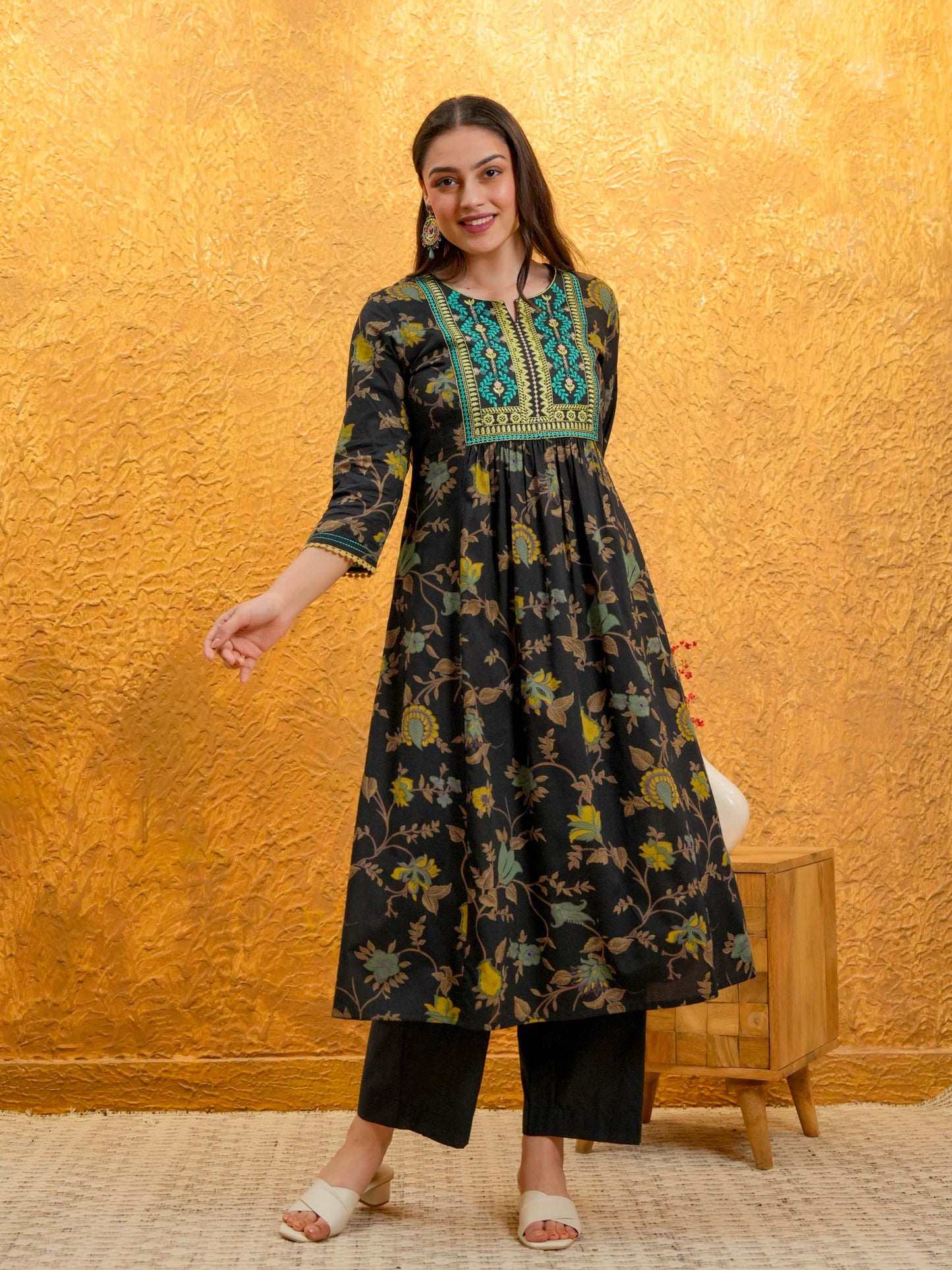 Embroidered Soft Cotton Floral Flared Multicolor Kurta