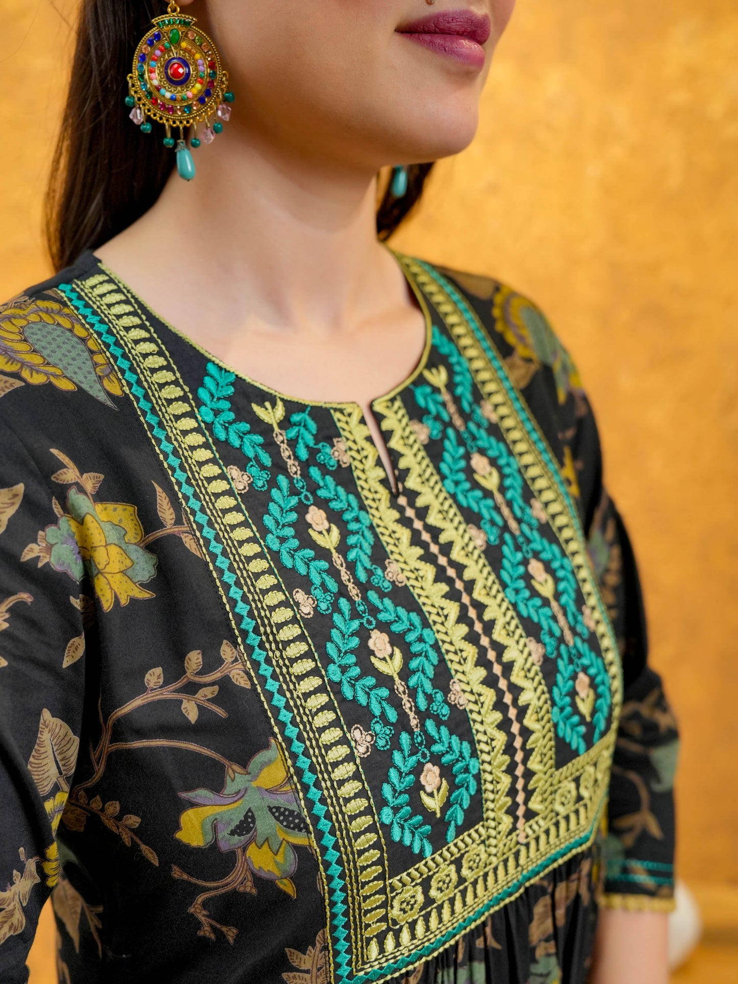 Embroidered Soft Cotton Floral Flared Multicolor Kurta