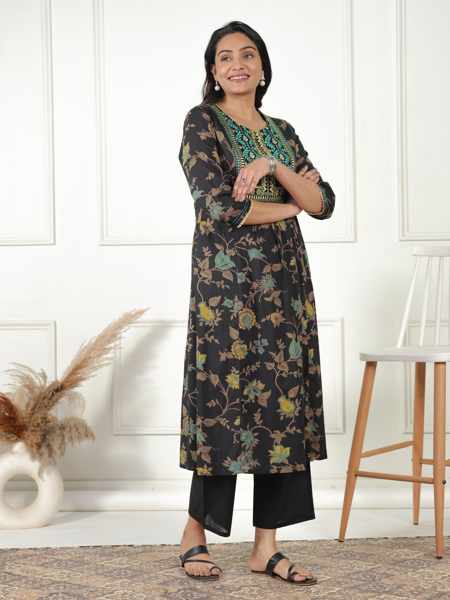 Embroidered Soft Cotton Floral Panelled Multicolor Kurta
