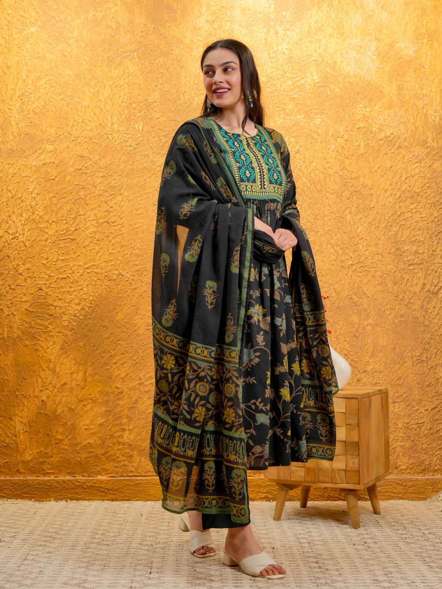 Embroidered Soft Cotton Floral Flared Multicolor Kurta
