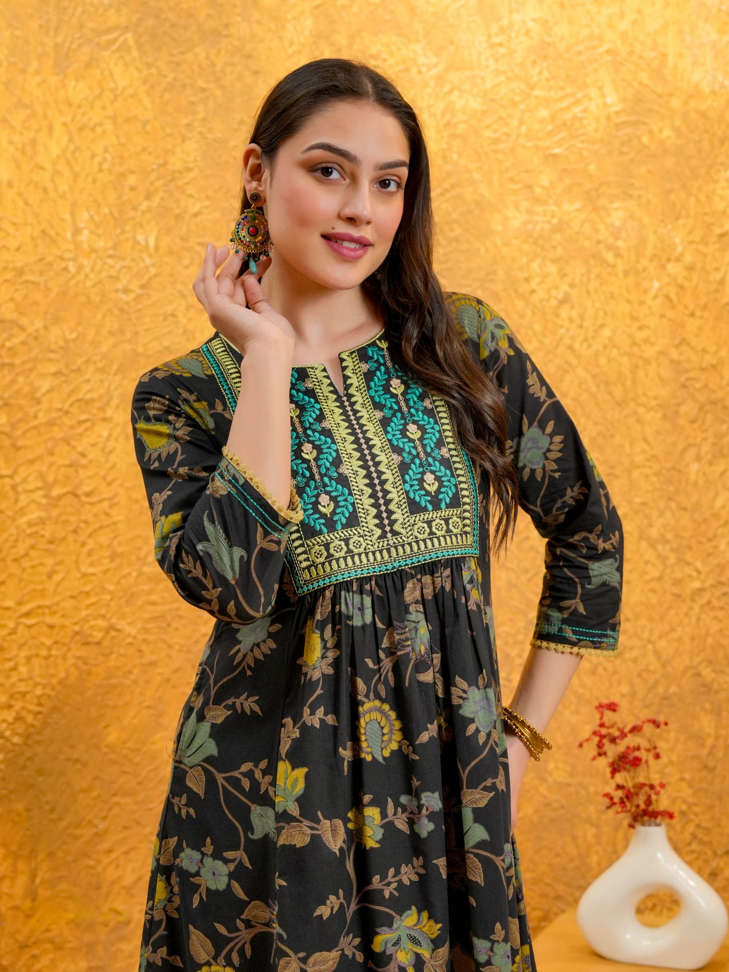 Embroidered Soft Cotton Floral Flared Multicolor Kurta