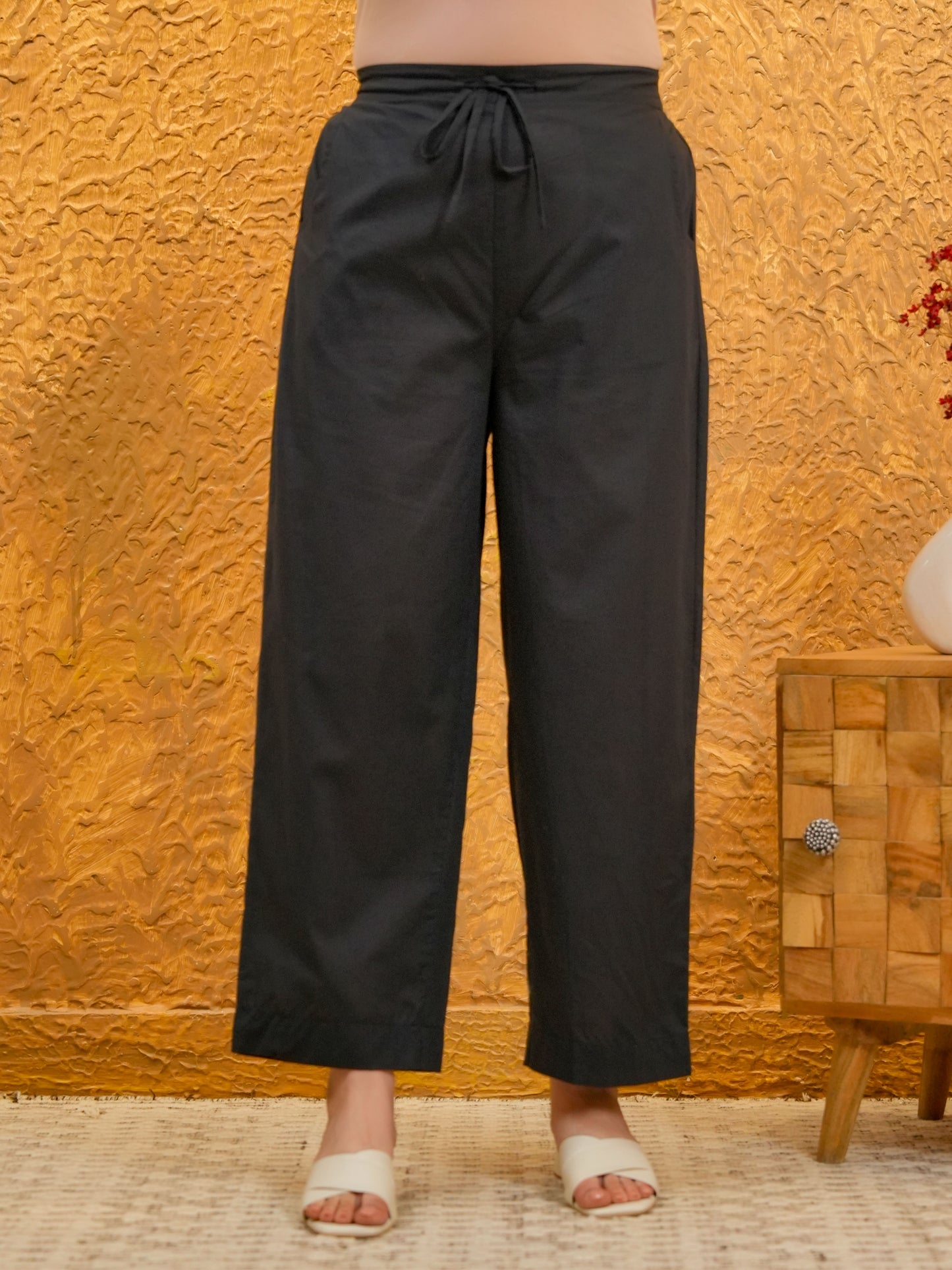 Soft Cotton Solid Black Straight Trousers