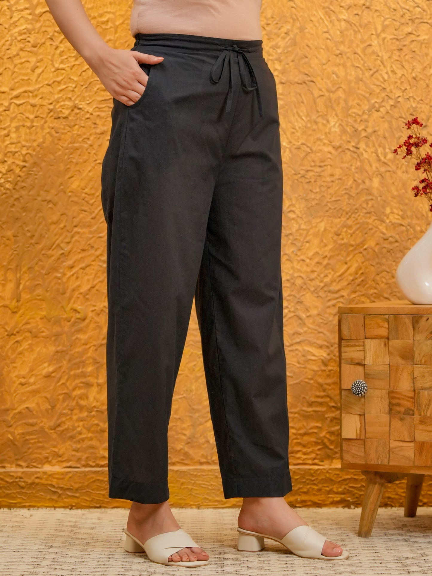 Soft Cotton Solid Black Straight Trousers