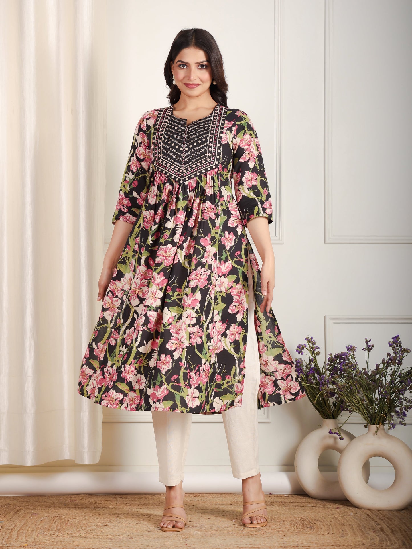 Embroidered Soft Cotton Floral A-line Black Kurta