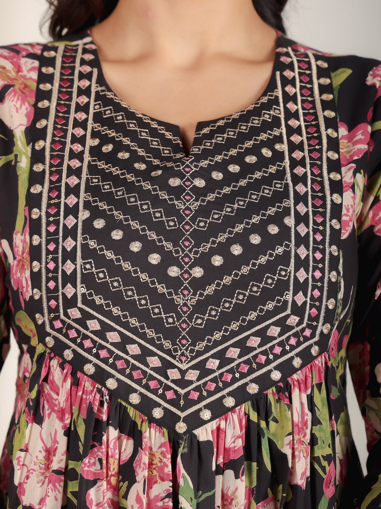 Embroidered Soft Cotton Floral A-line Black Kurta