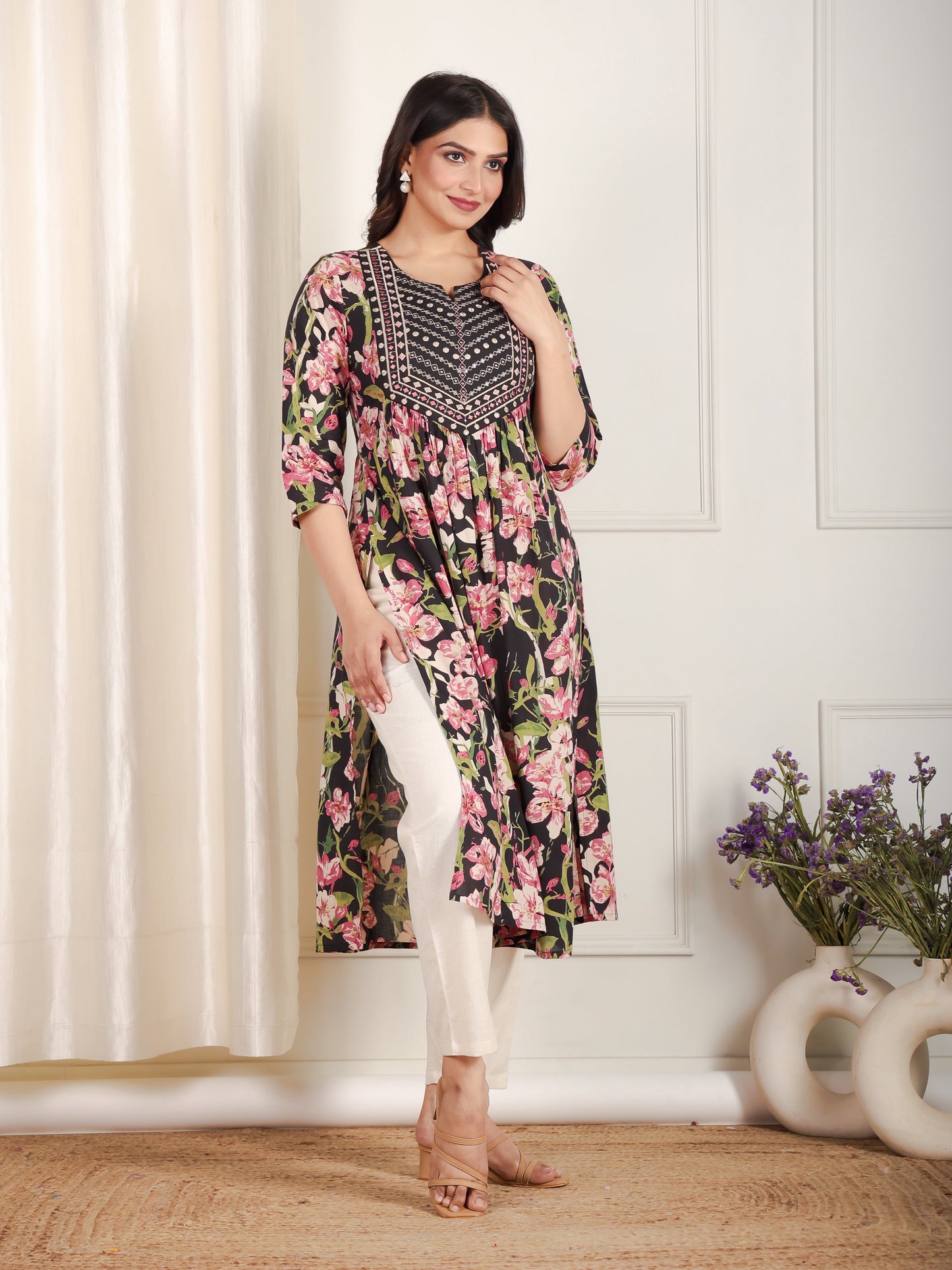 Embroidered Soft Cotton Floral A-line Black Kurta