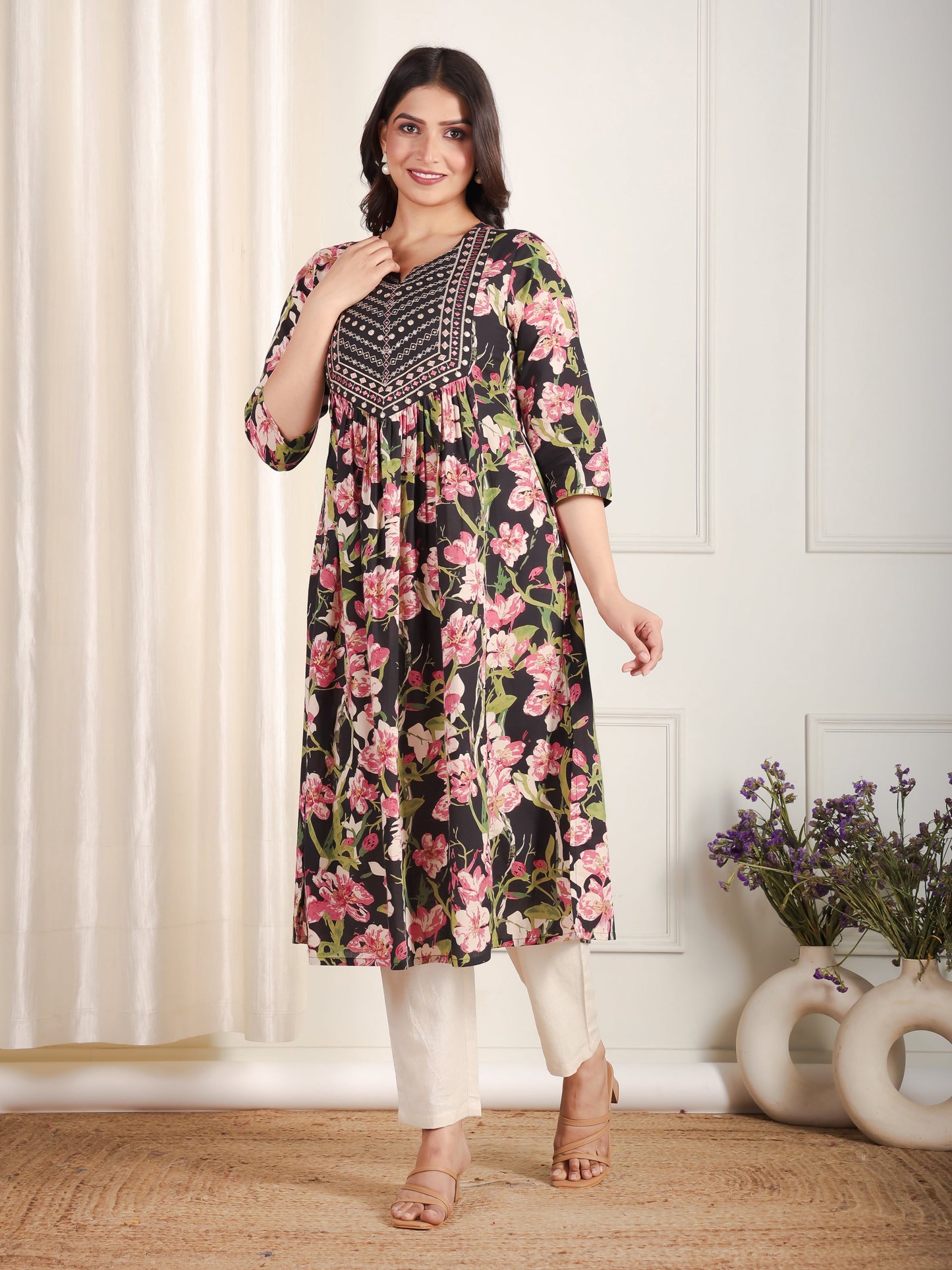 Embroidered Soft Cotton Floral A-line Black Kurta