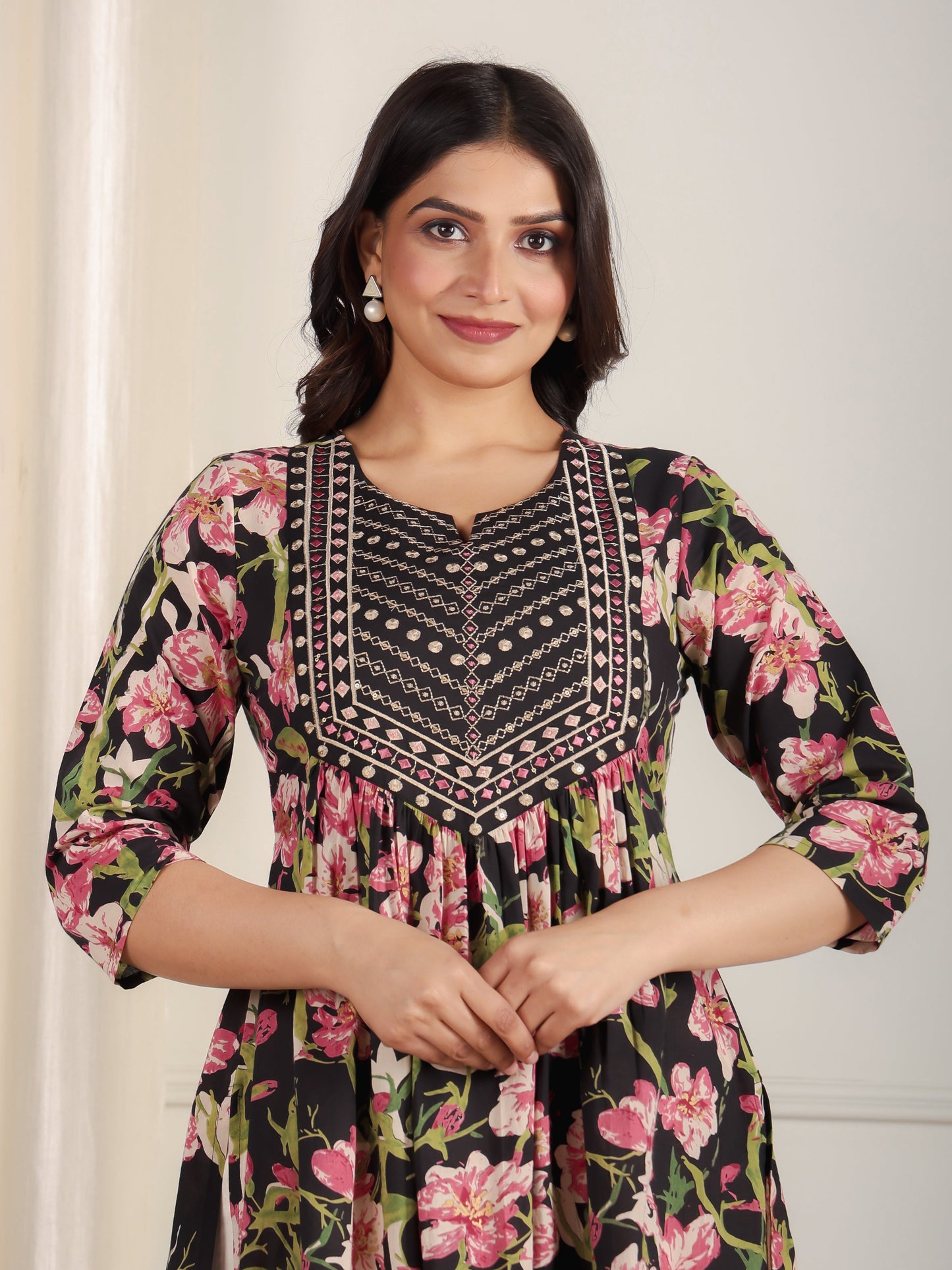 Embroidered Soft Cotton Floral A-line Black Kurta
