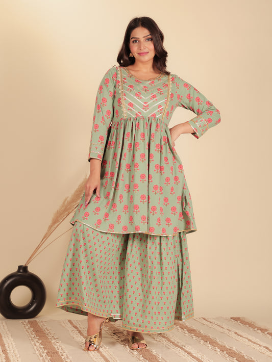 Soft Cotton Butti Flared Green Kurta