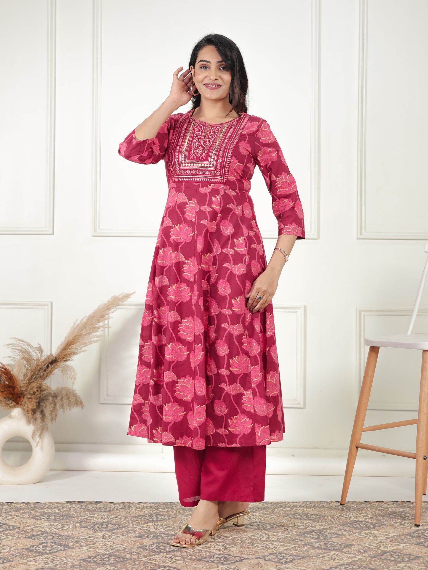 Embroidered Soft Cotton Floral Anarkali Maroon Kurta