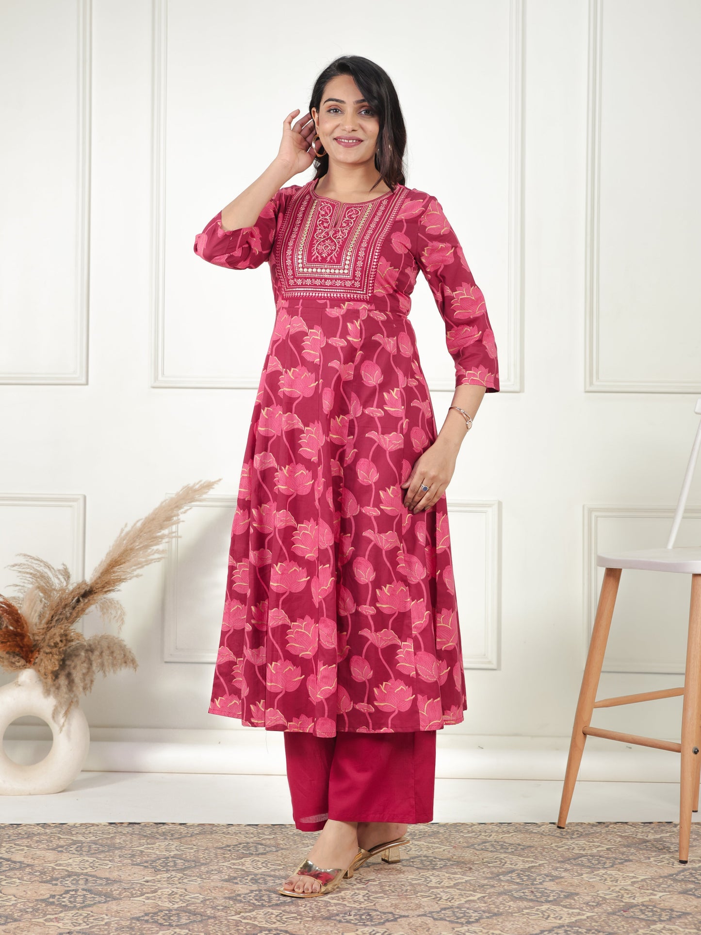 Embroidered Soft Cotton Floral Anarkali Maroon Kurta