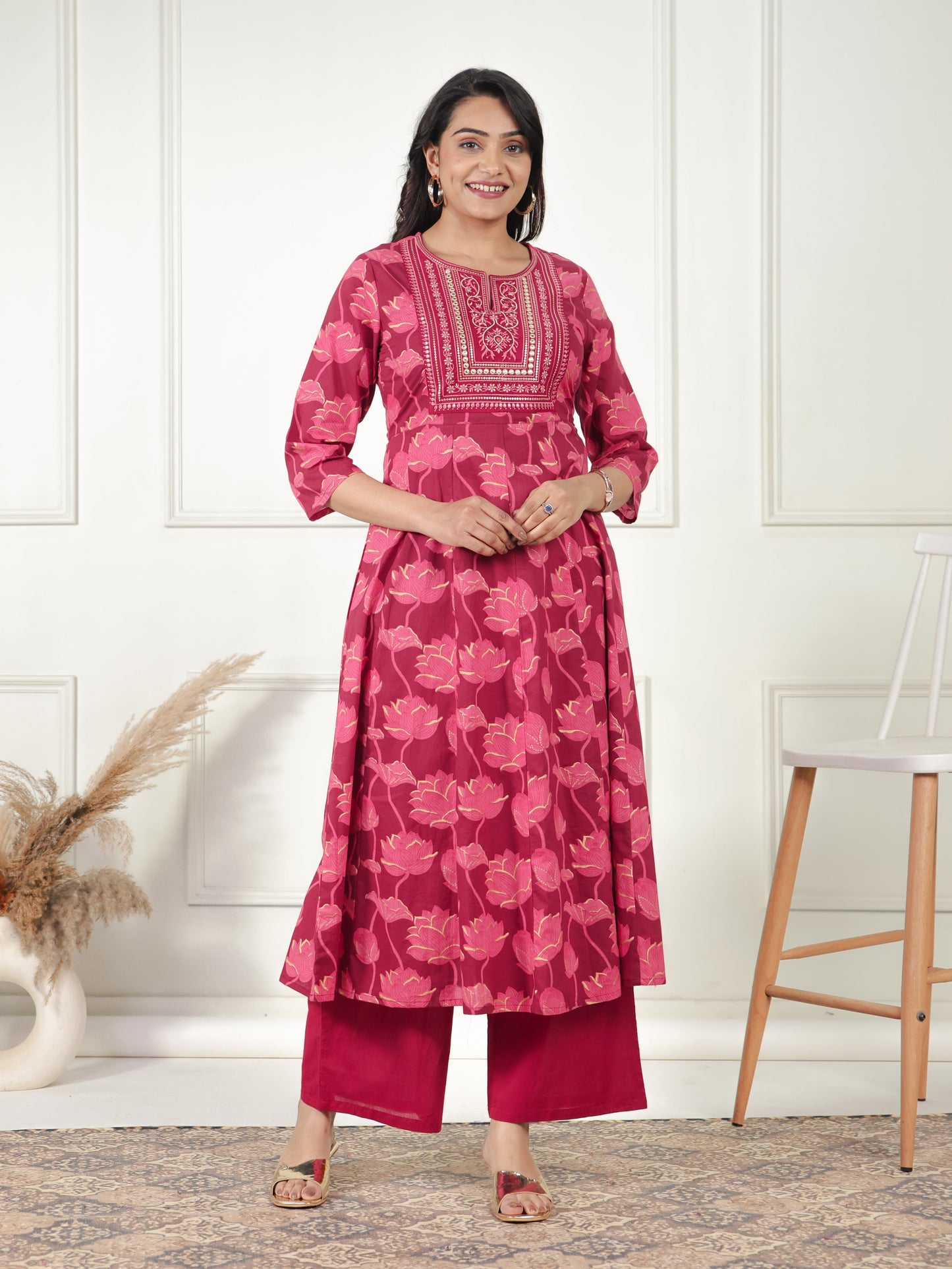 Embroidered Soft Cotton Floral Anarkali Maroon Kurta