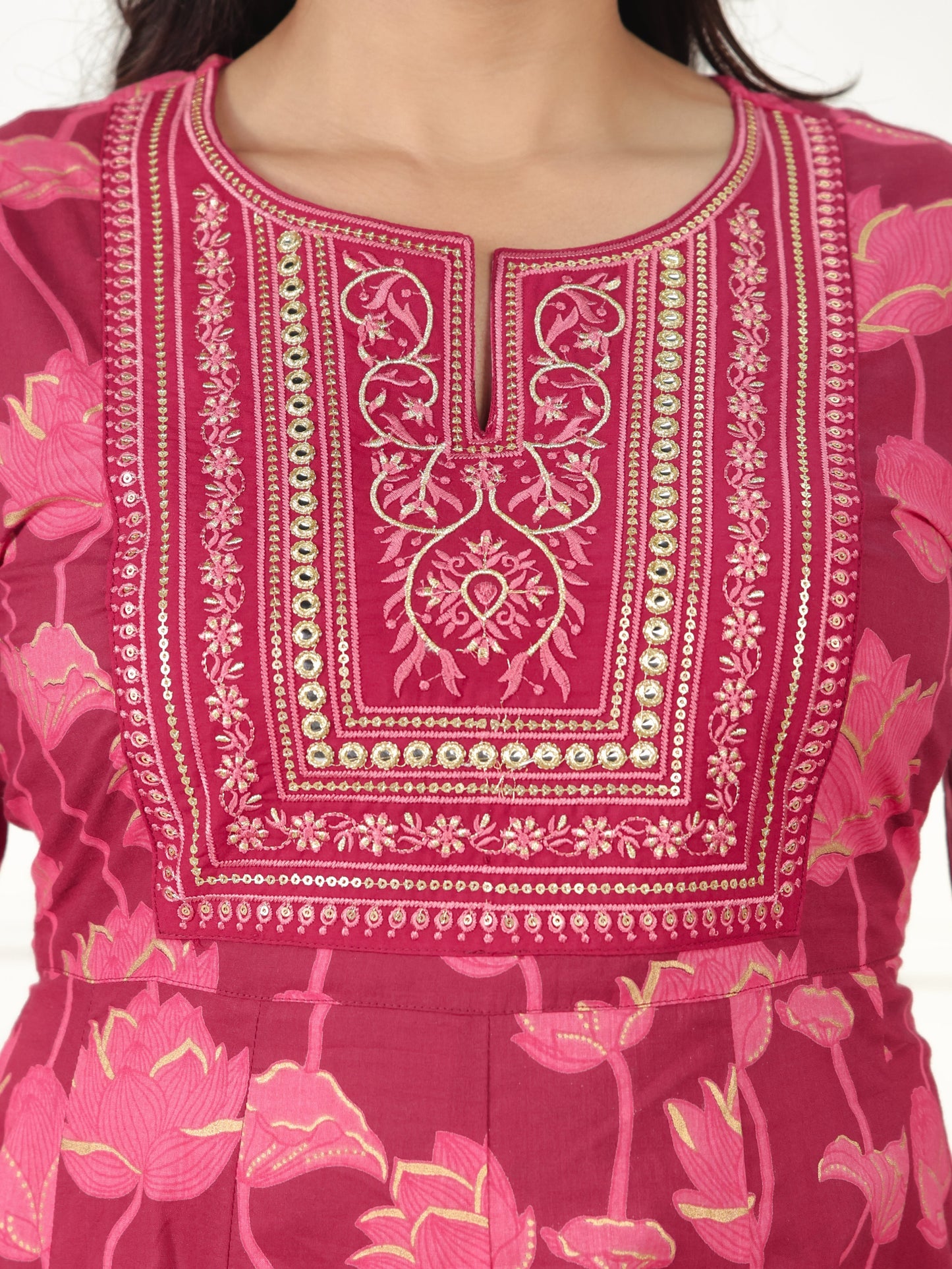 Embroidered Soft Cotton Floral Anarkali Maroon Kurta