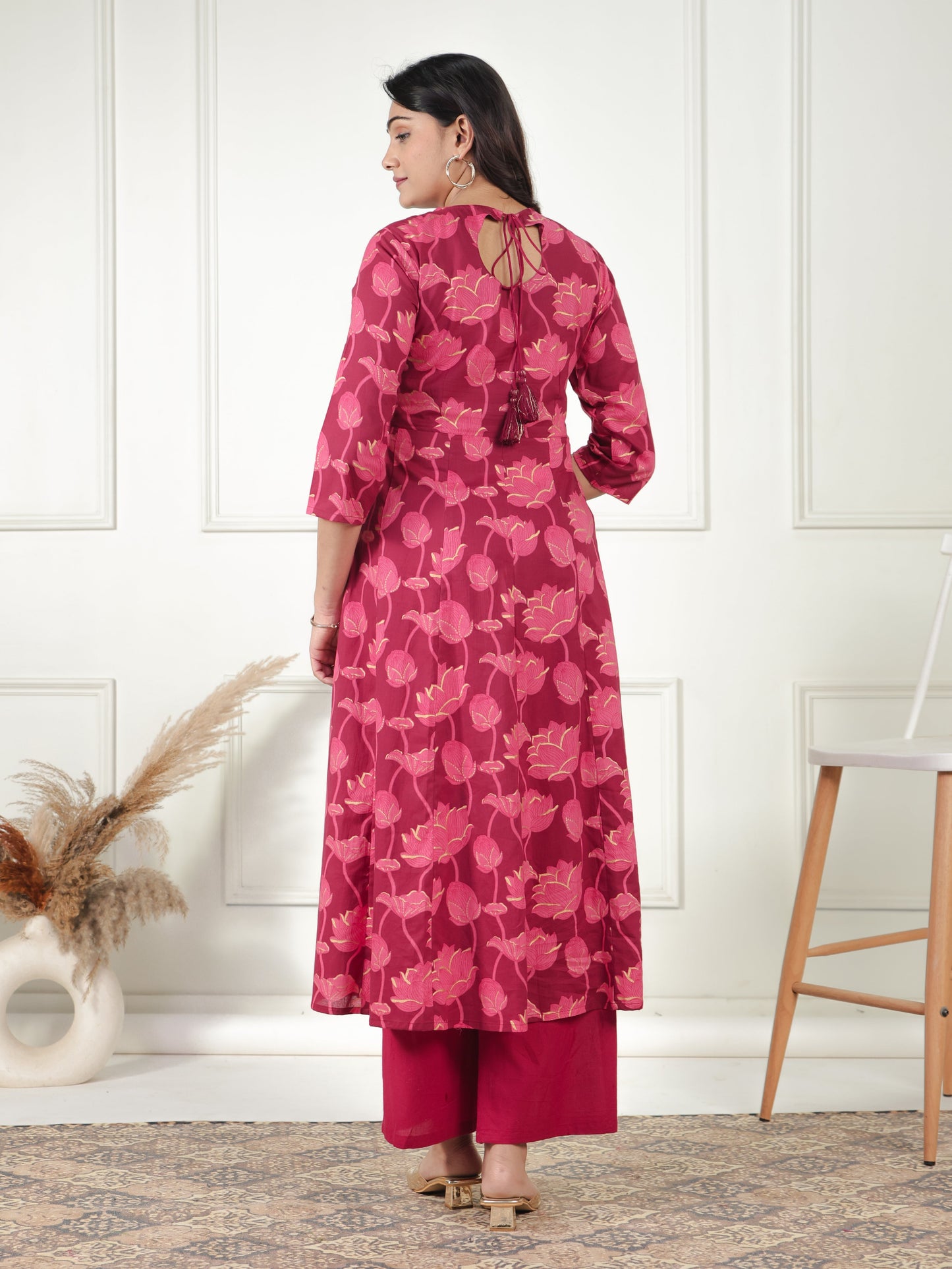 Embroidered Soft Cotton Floral Anarkali Maroon Kurta