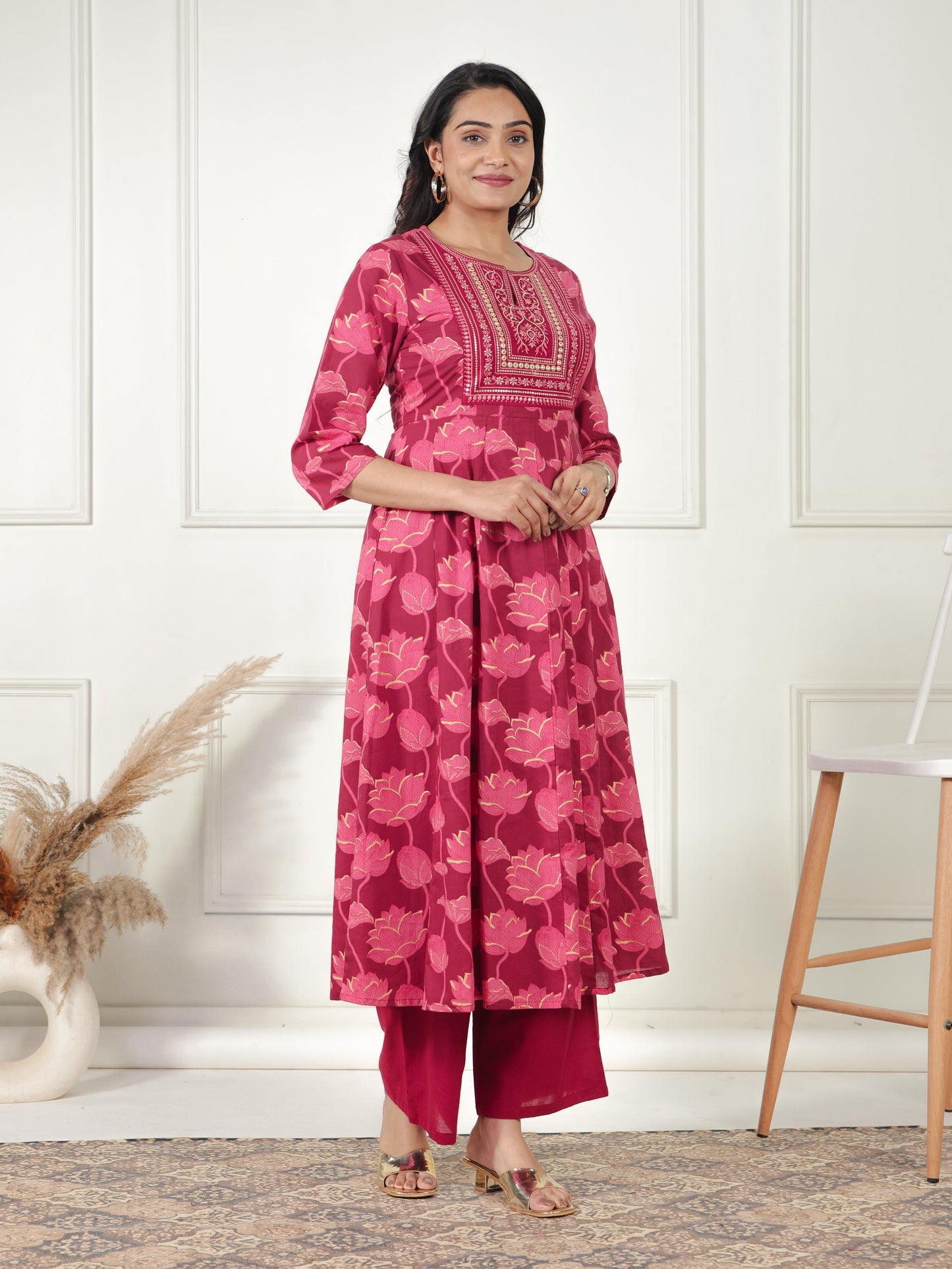 Embroidered Soft Cotton Floral Anarkali Maroon Kurta