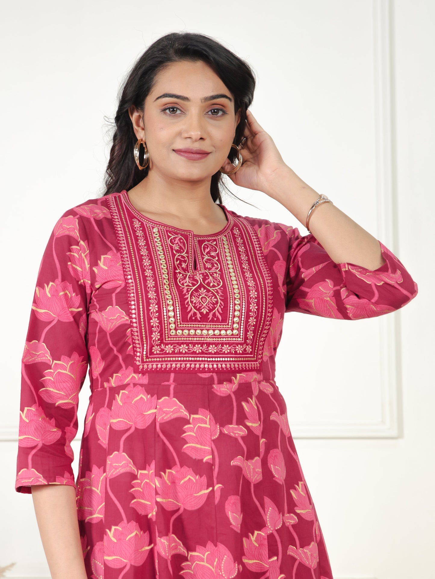 Embroidered Soft Cotton Floral Anarkali Maroon Kurta