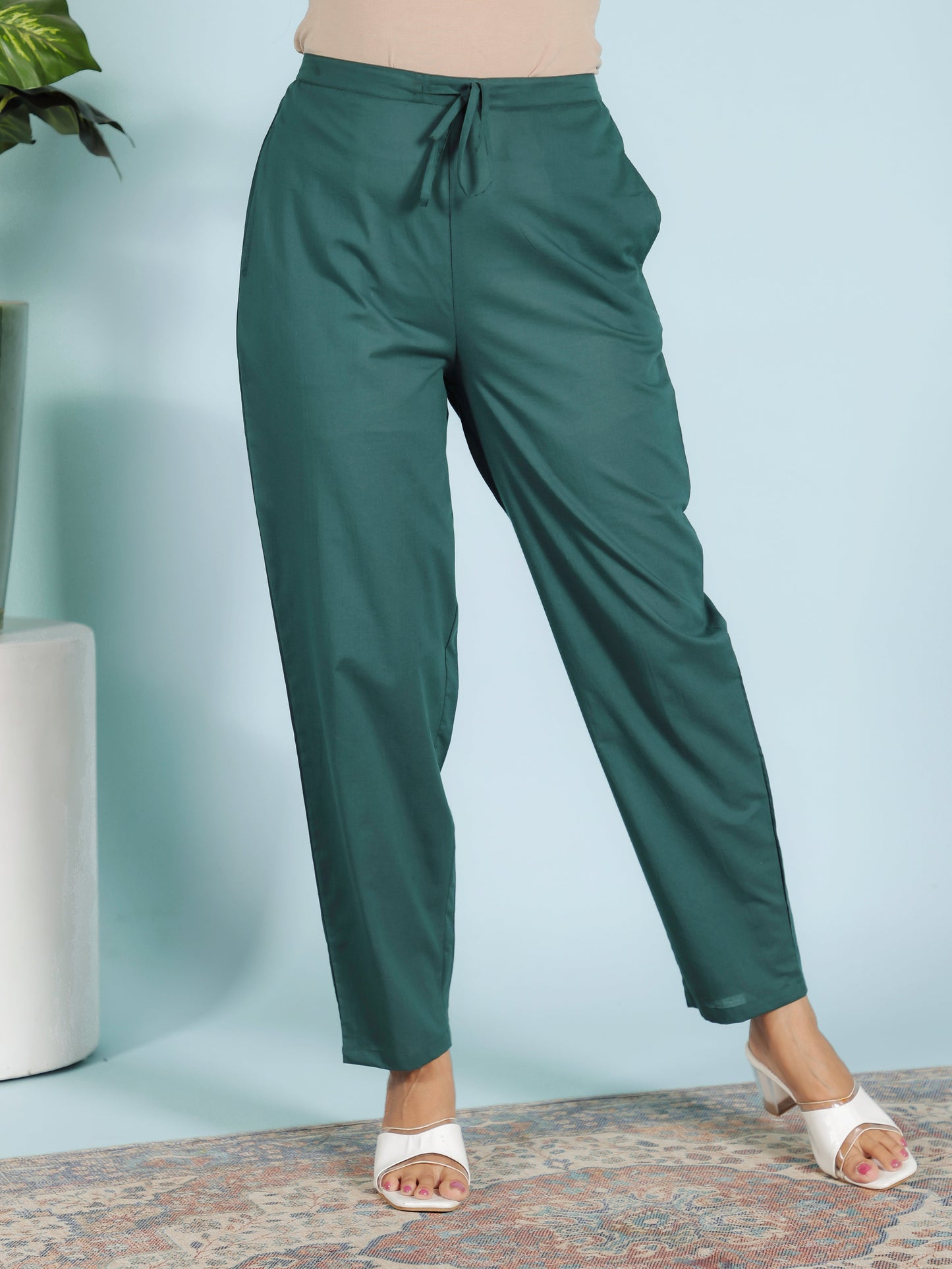 Soft Cotton Solid Green Tapered Trousers
