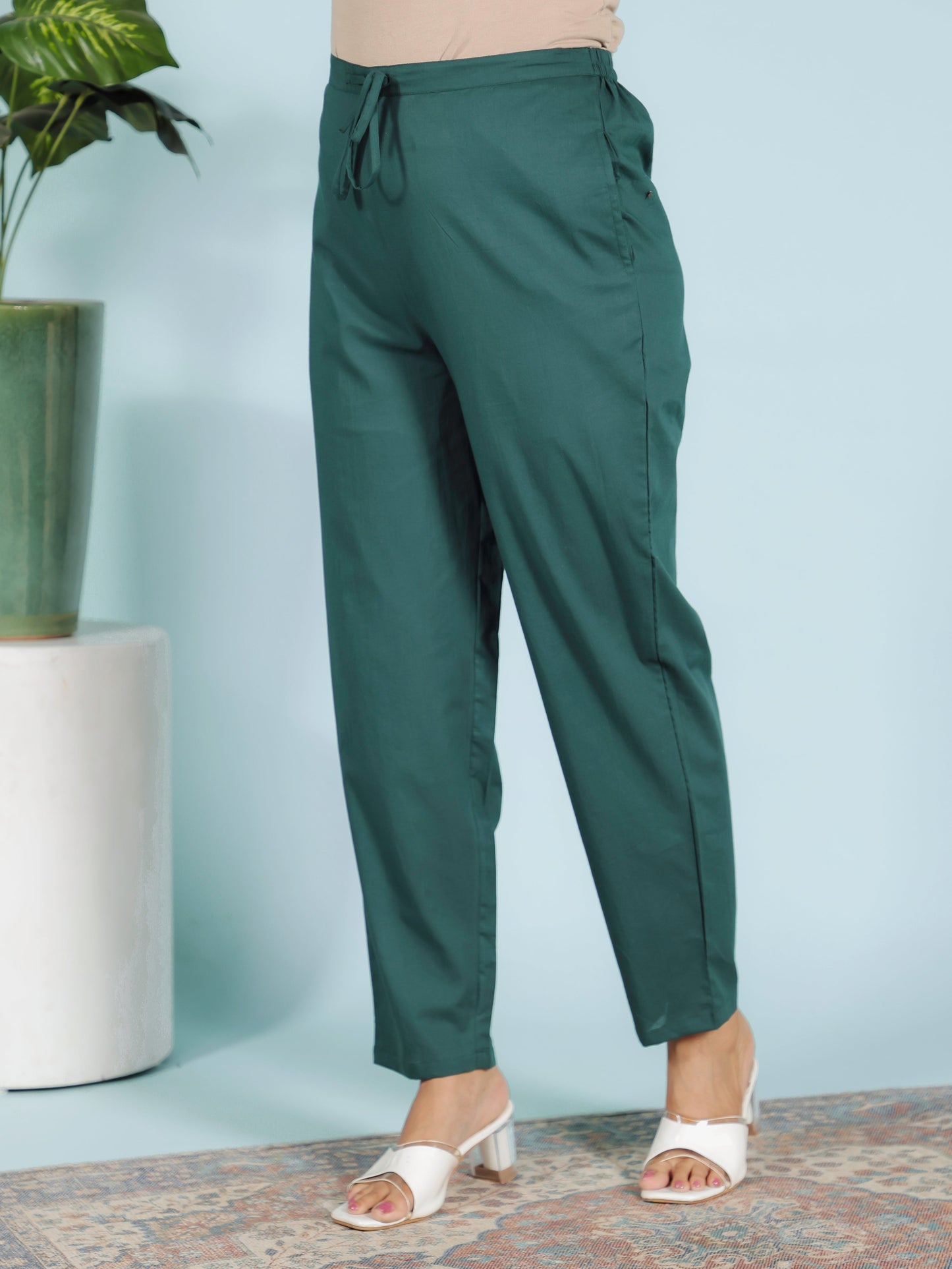 Soft Cotton Solid Green Tapered Trousers