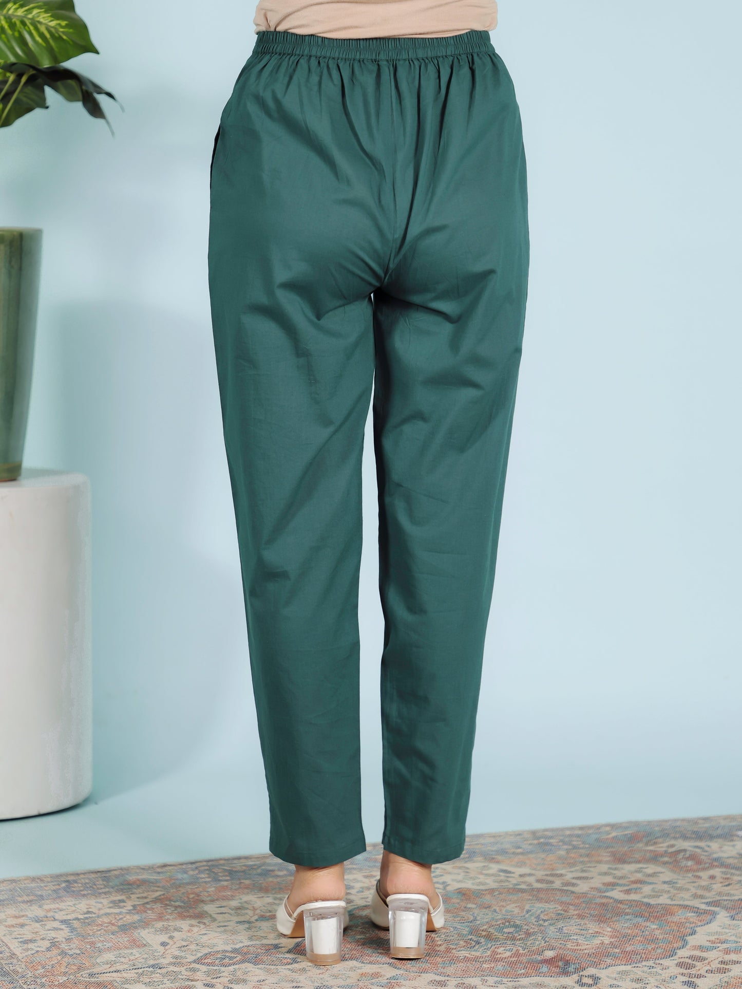Soft Cotton Solid Green Tapered Trousers