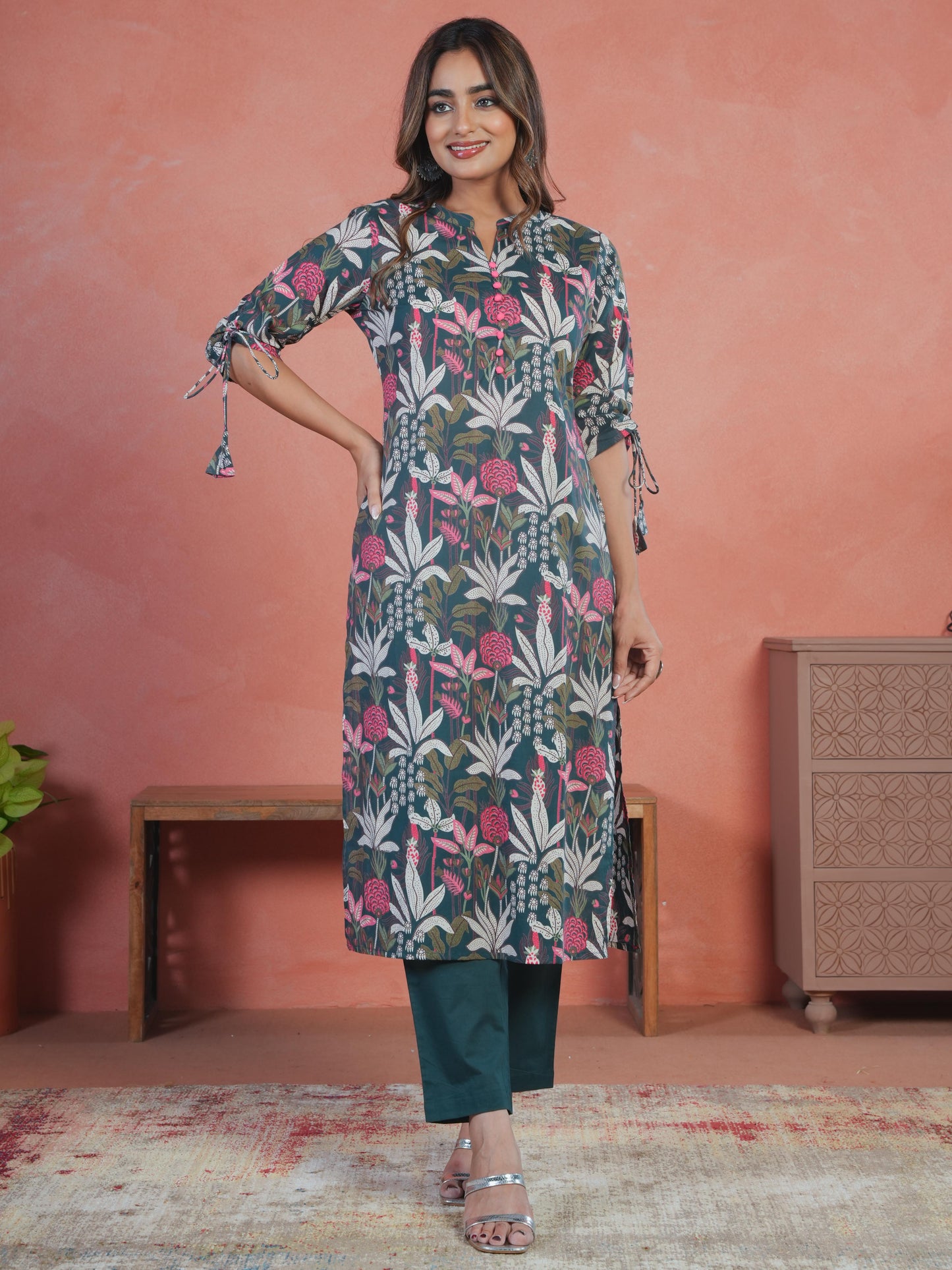 Soft Cotton Foliage Straight Green Kurta
