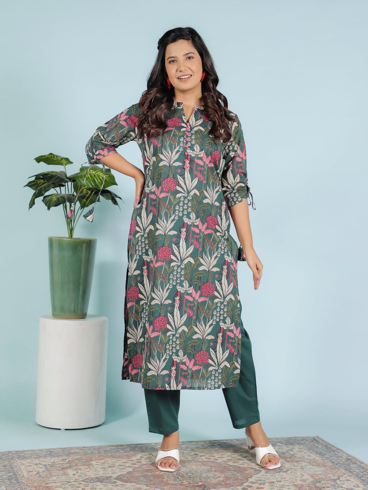 Soft Cotton Foliage Straight Green Kurta