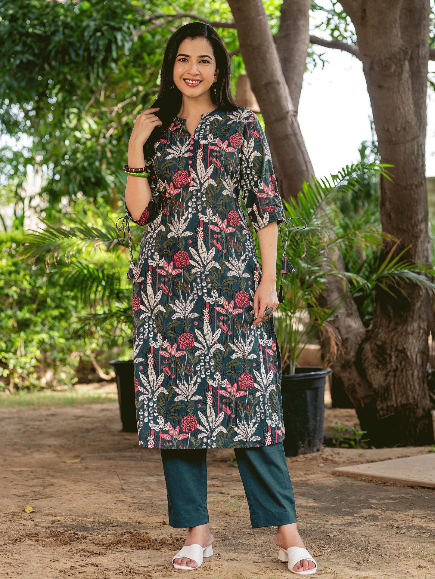 Soft Cotton Foliage Straight Green Kurta