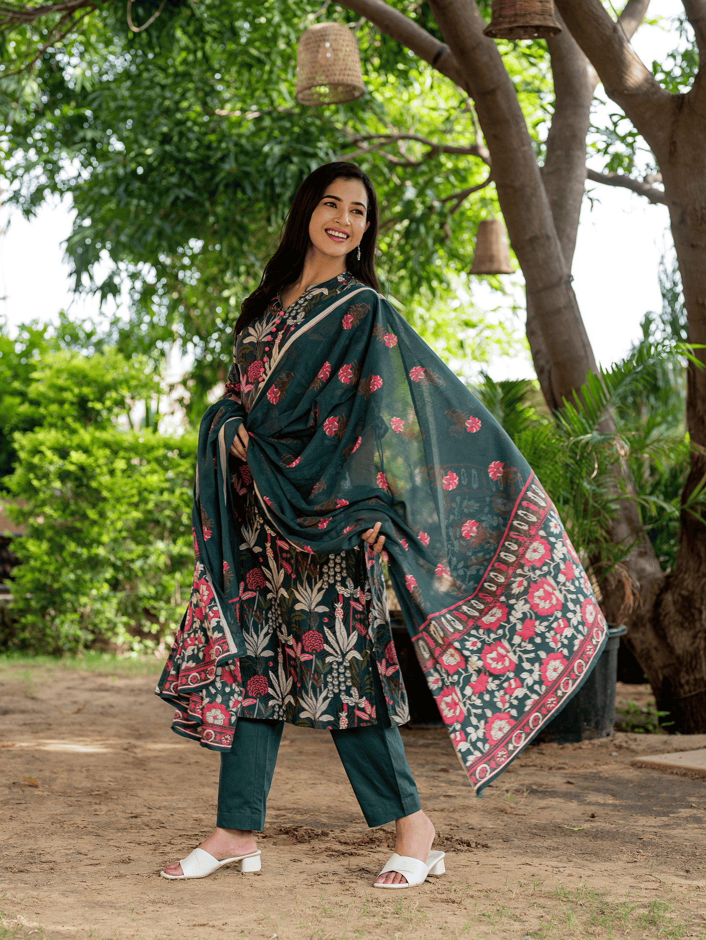 Soft Cotton Foliage Straight Green Kurta