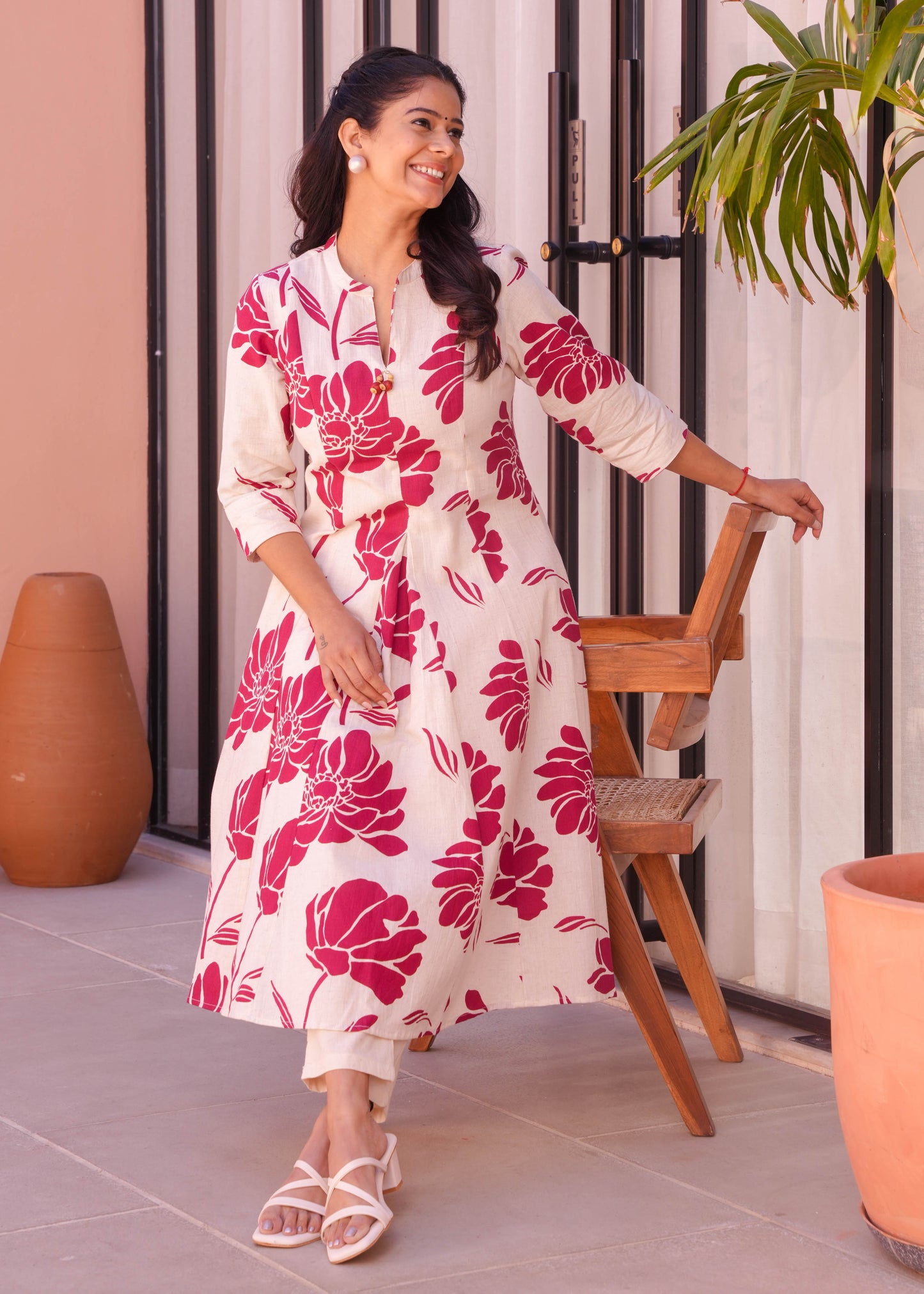 Linen Cotton Floral Flared Cream Kurta