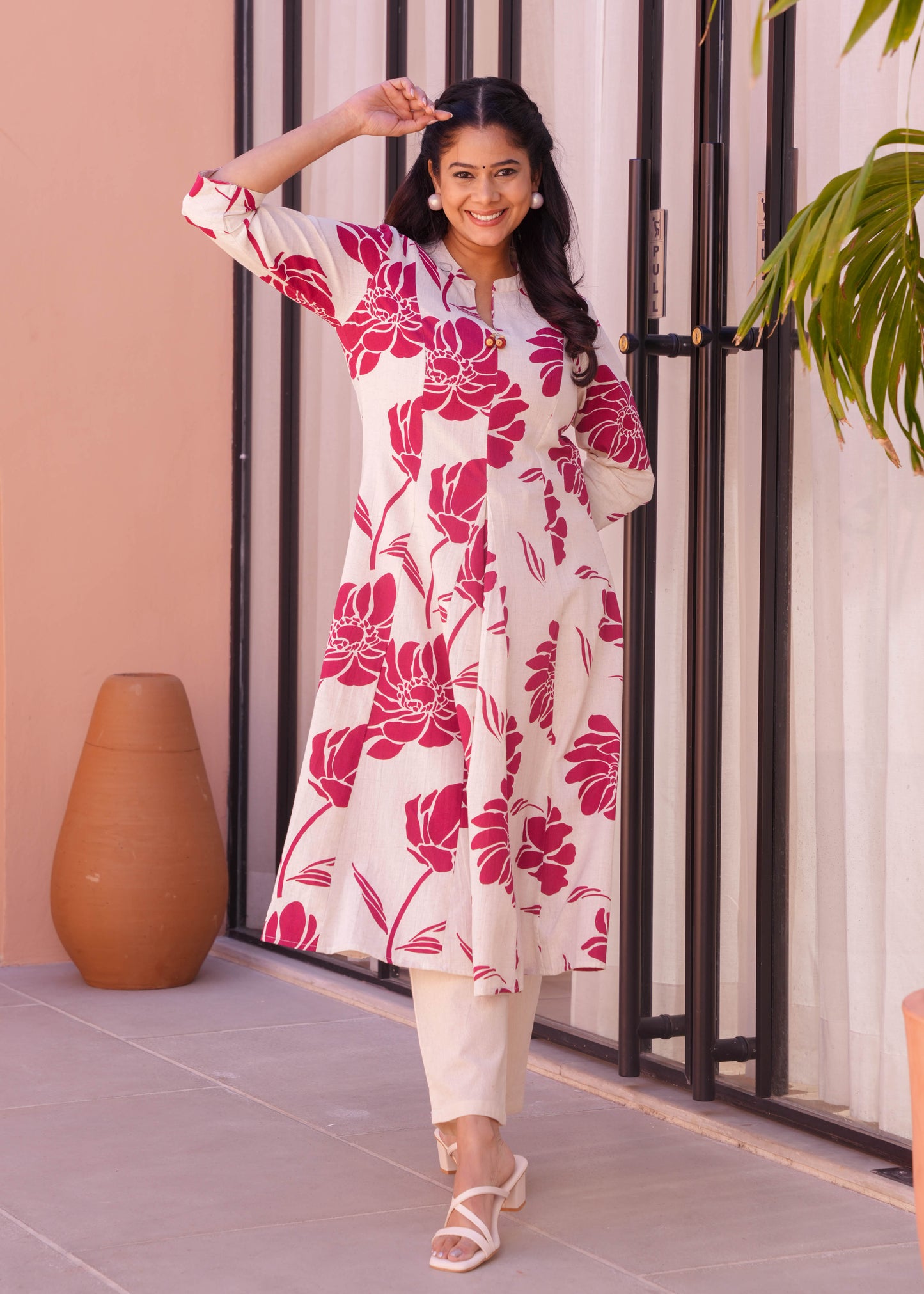Linen Cotton Floral Flared Cream Kurta