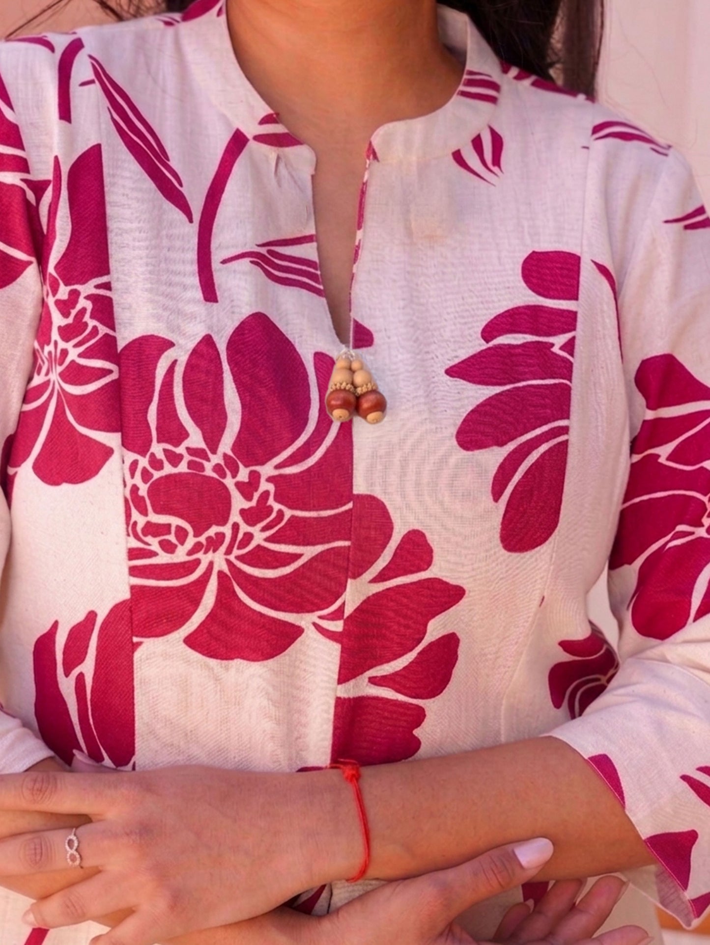 Linen Cotton Floral Flared Cream Kurta