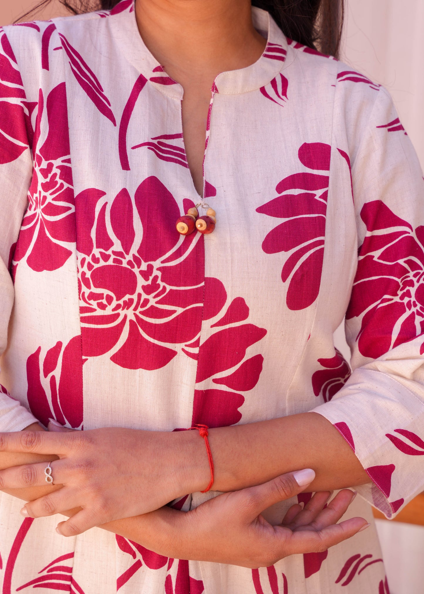 Linen Cotton Floral Flared Cream Kurta