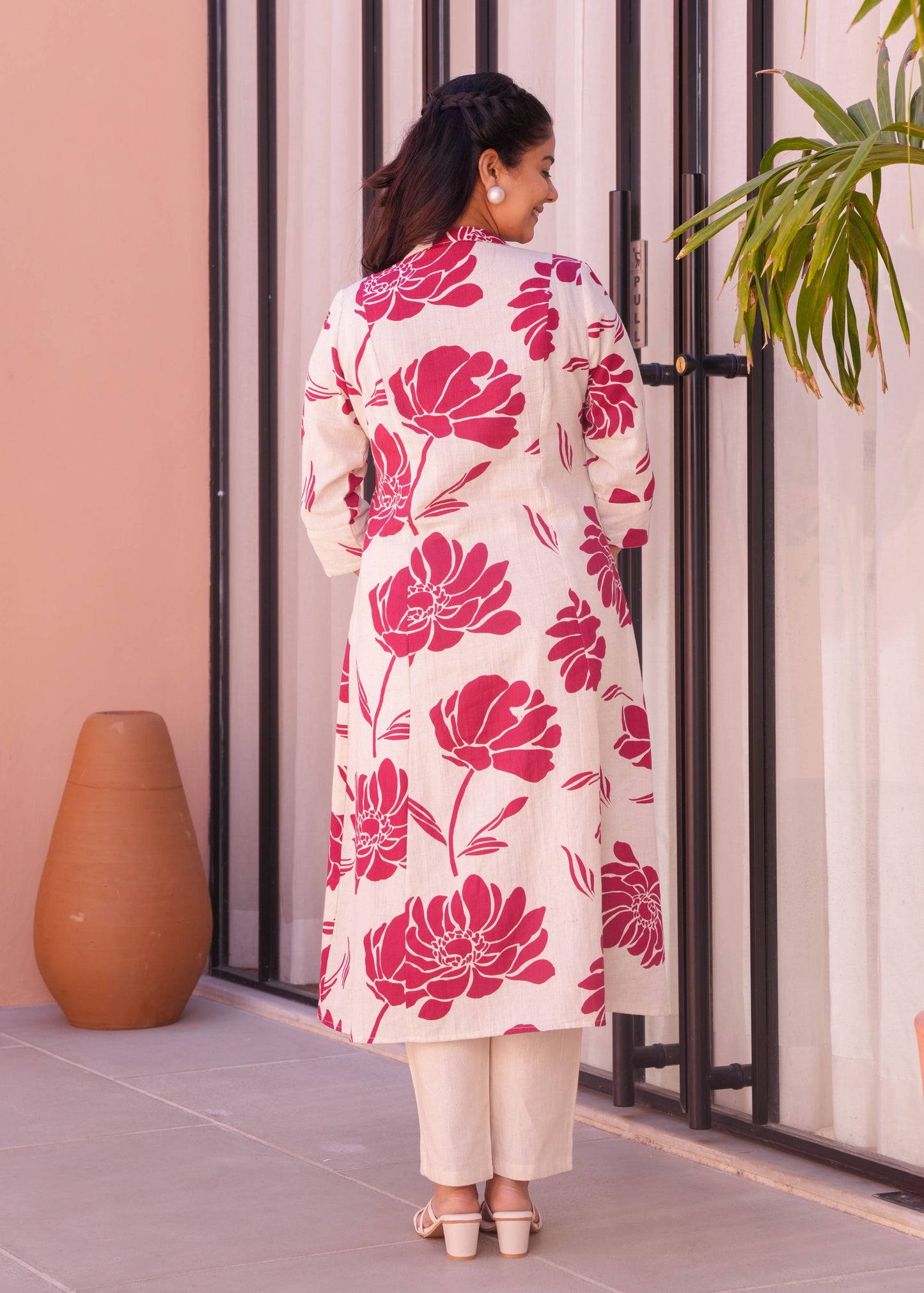 Linen Cotton Floral Flared Cream Kurta