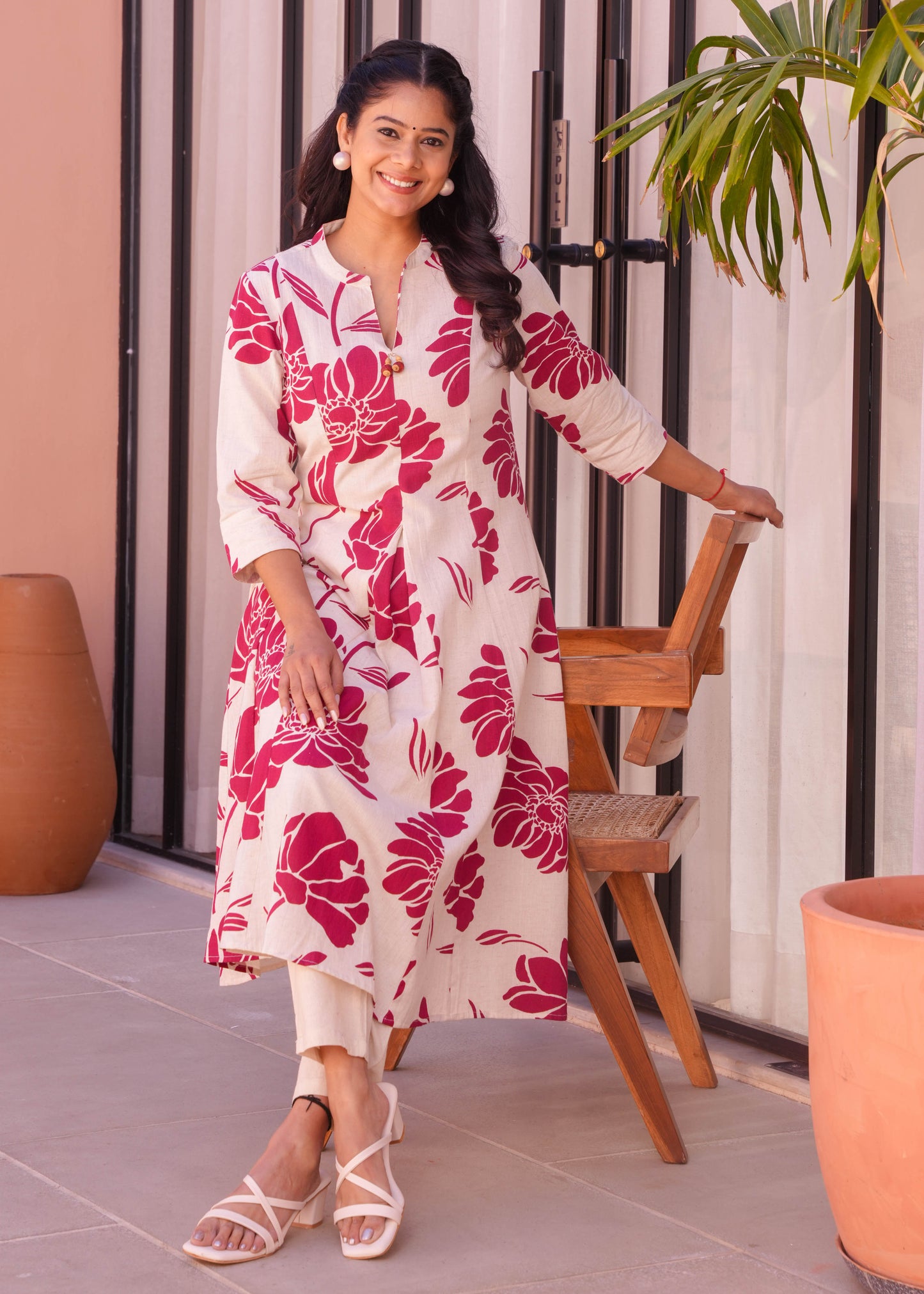 Linen Cotton Floral Flared Cream Kurta