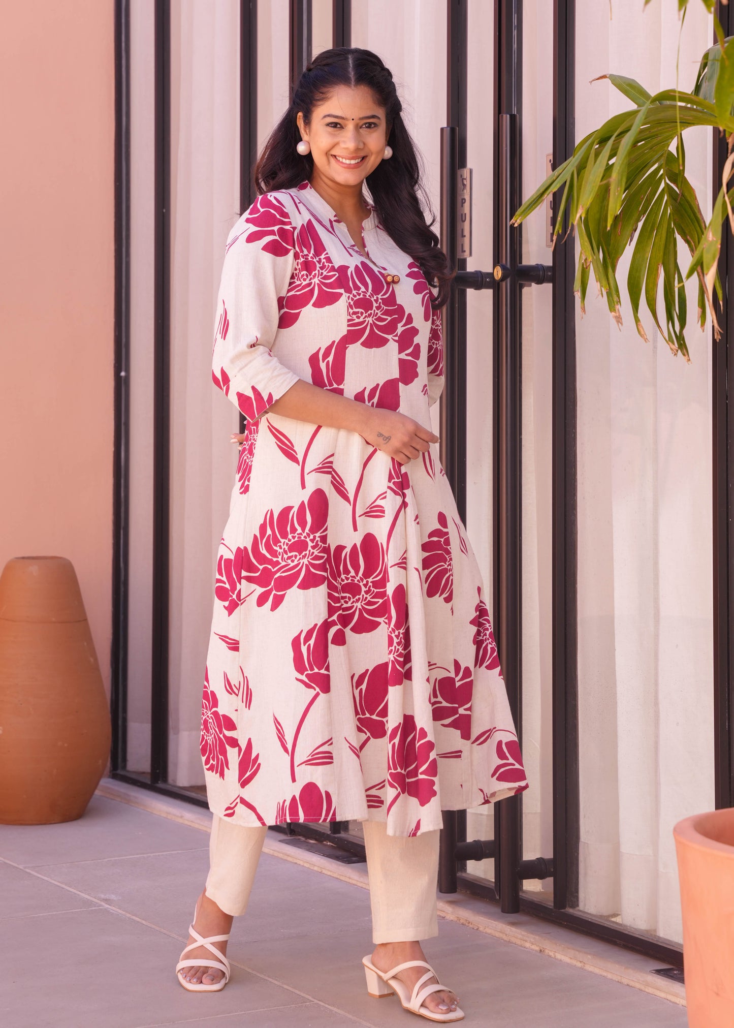 Linen Cotton Floral Flared Cream Kurta