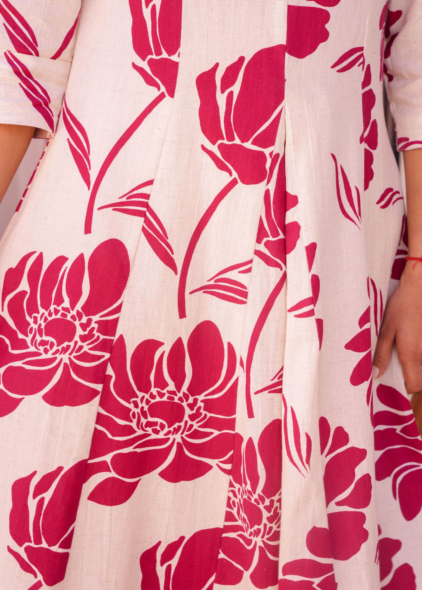 Linen Cotton Floral Flared Cream Kurta