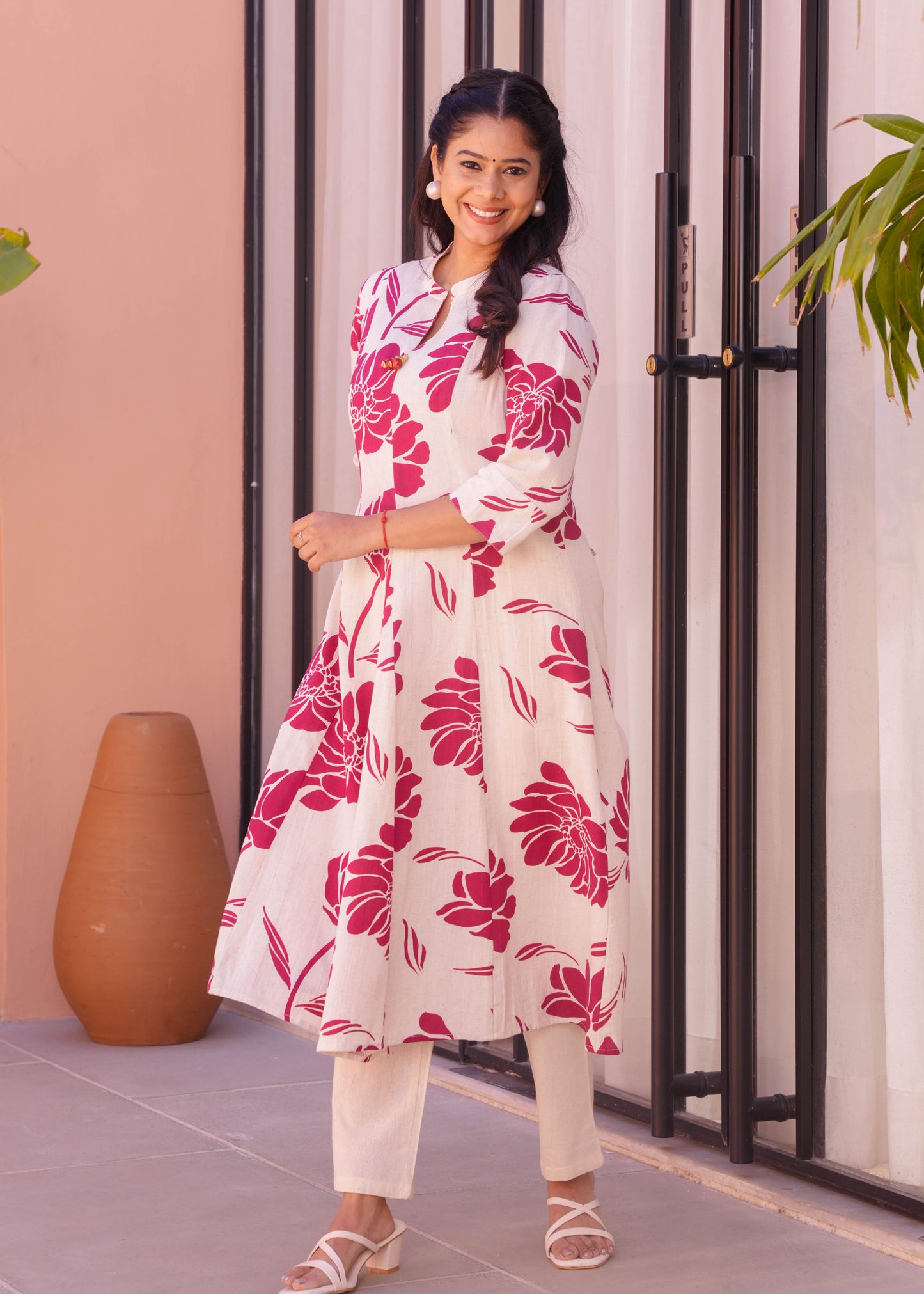 Linen Cotton Floral Flared Cream Kurta