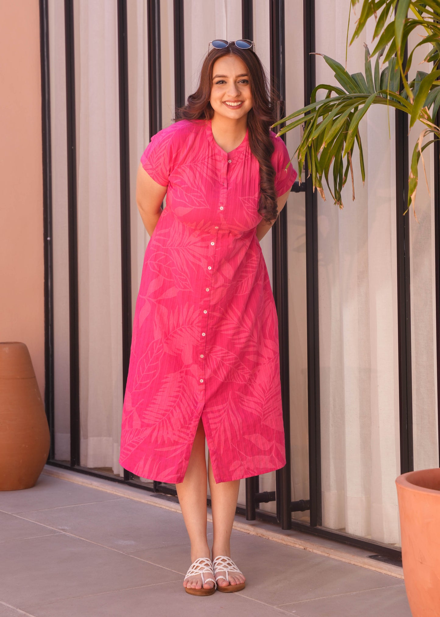 Cotton Dobby Foliage A-line Pink Dress