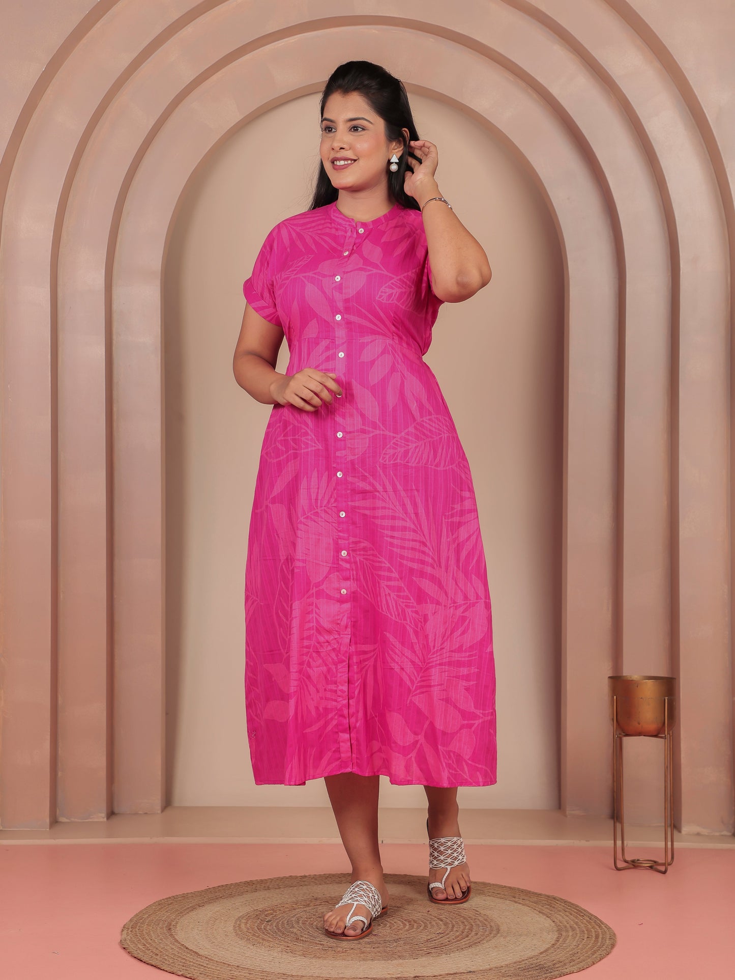 Cotton Dobby Foliage A-line Pink Dress