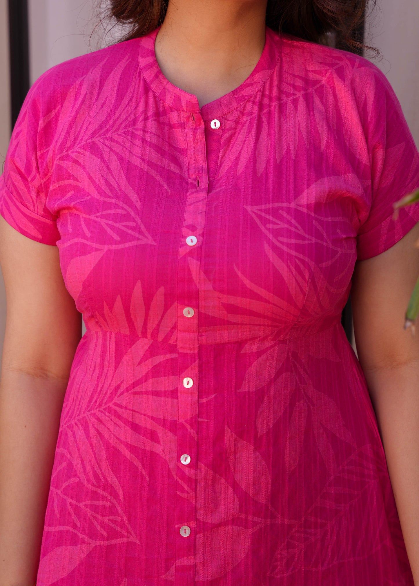Cotton Dobby Foliage A-line Pink Dress