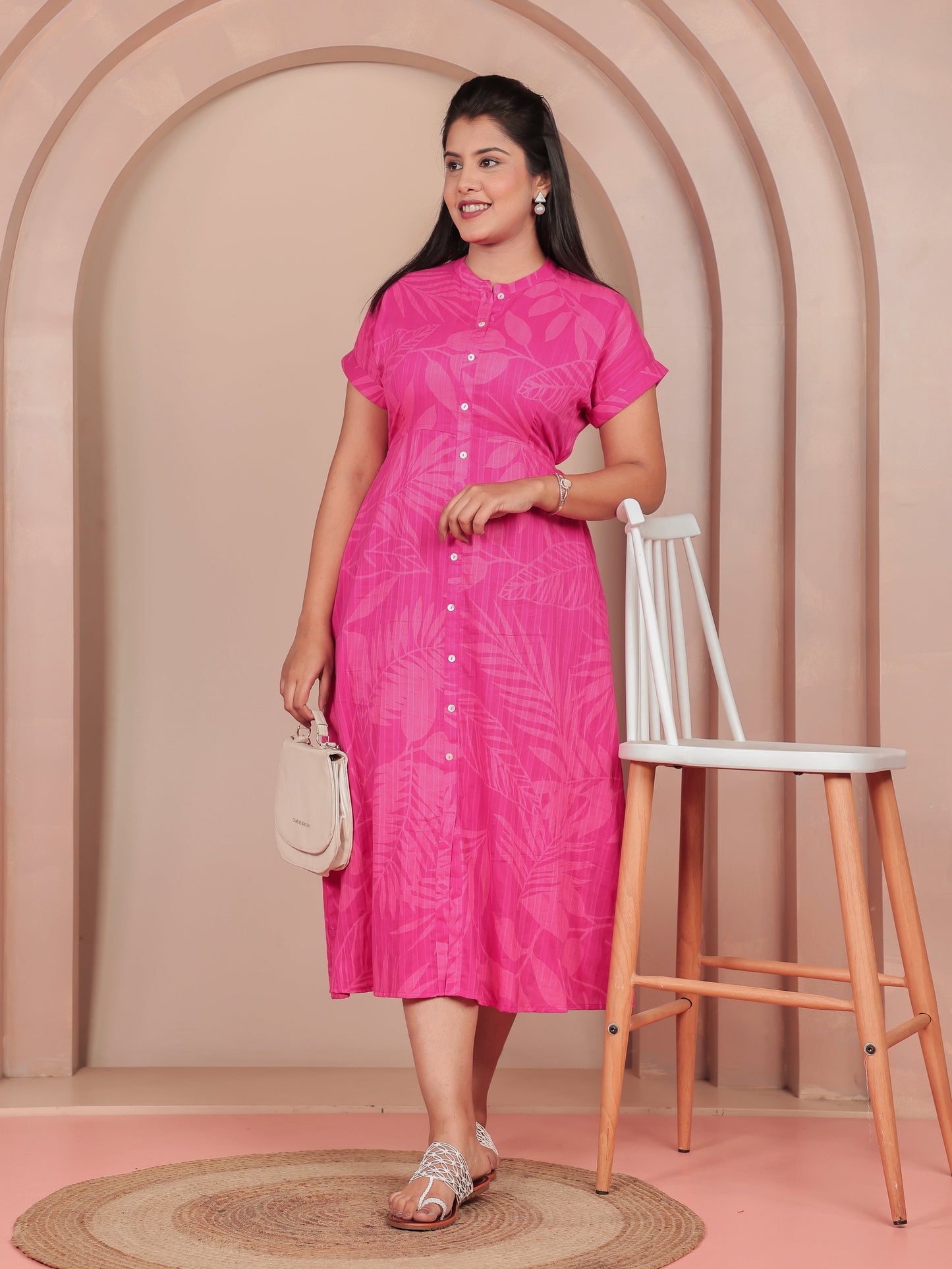 Cotton Dobby Foliage A-line Pink Dress
