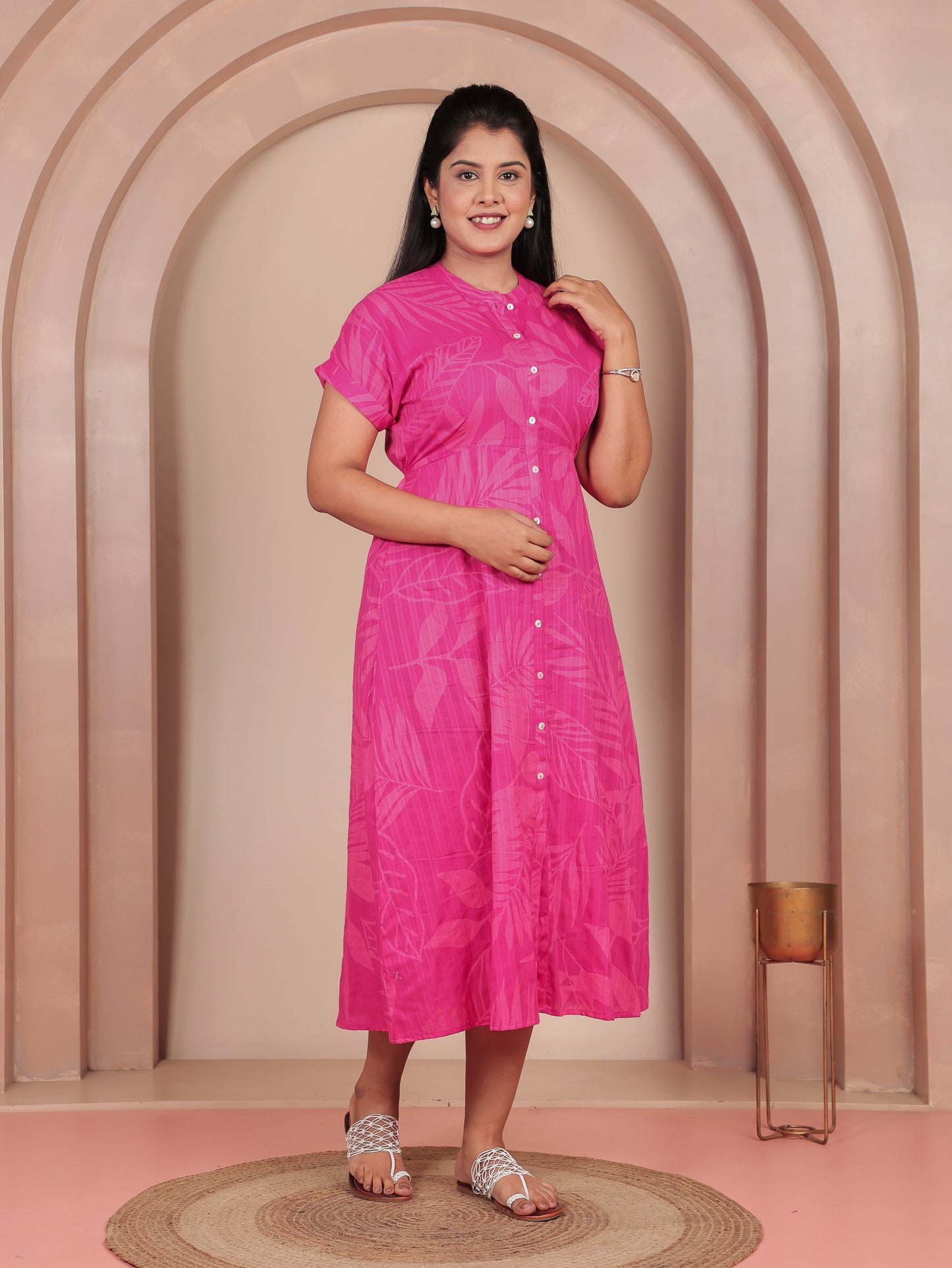 Cotton Dobby Foliage A-line Pink Dress